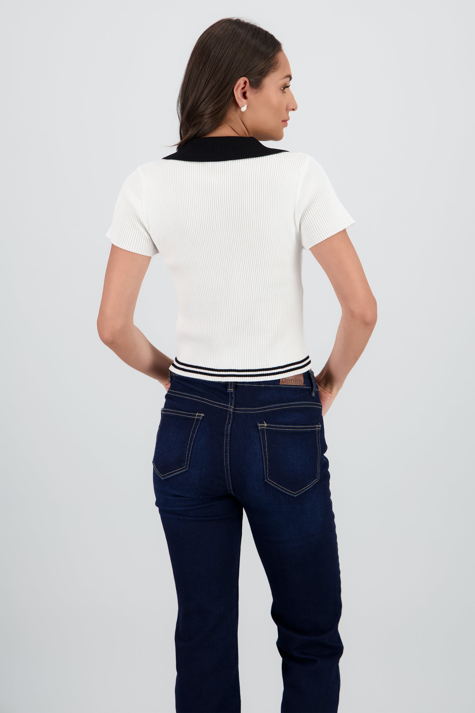 Top corto tejido cuello contraste BLANCO COMBO
