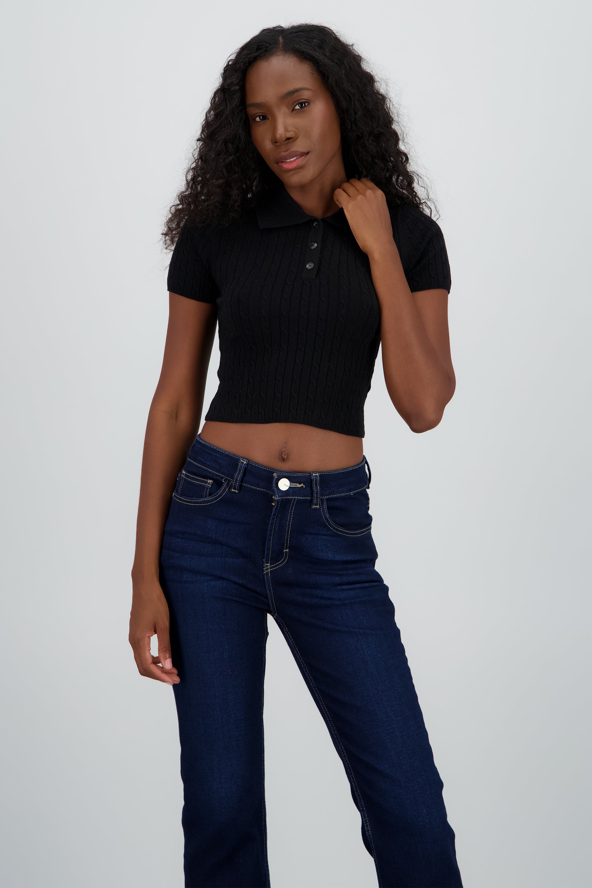 Top tejido trnzado cuello polo NEGRO
