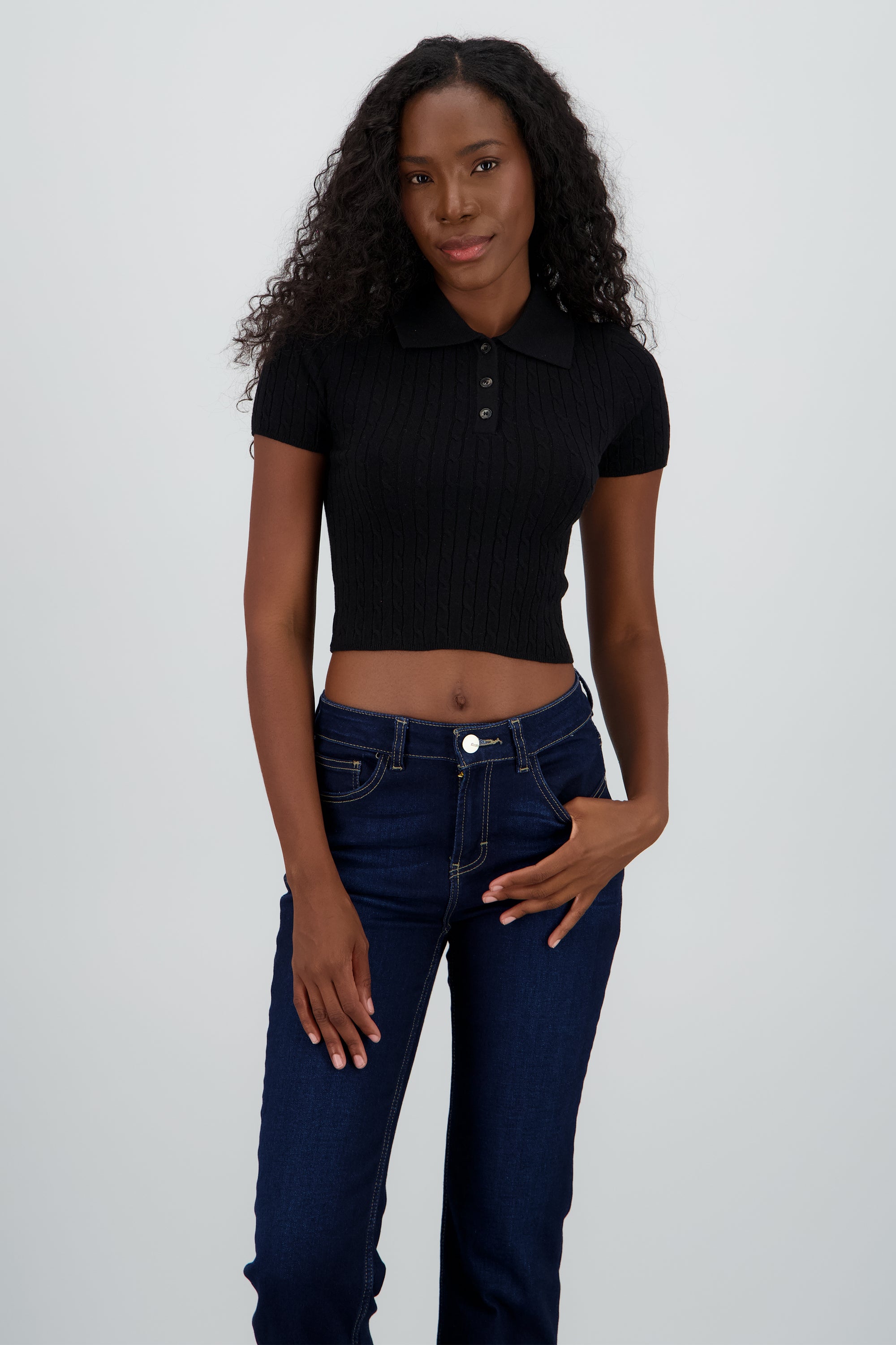 Top tejido trnzado cuello polo NEGRO