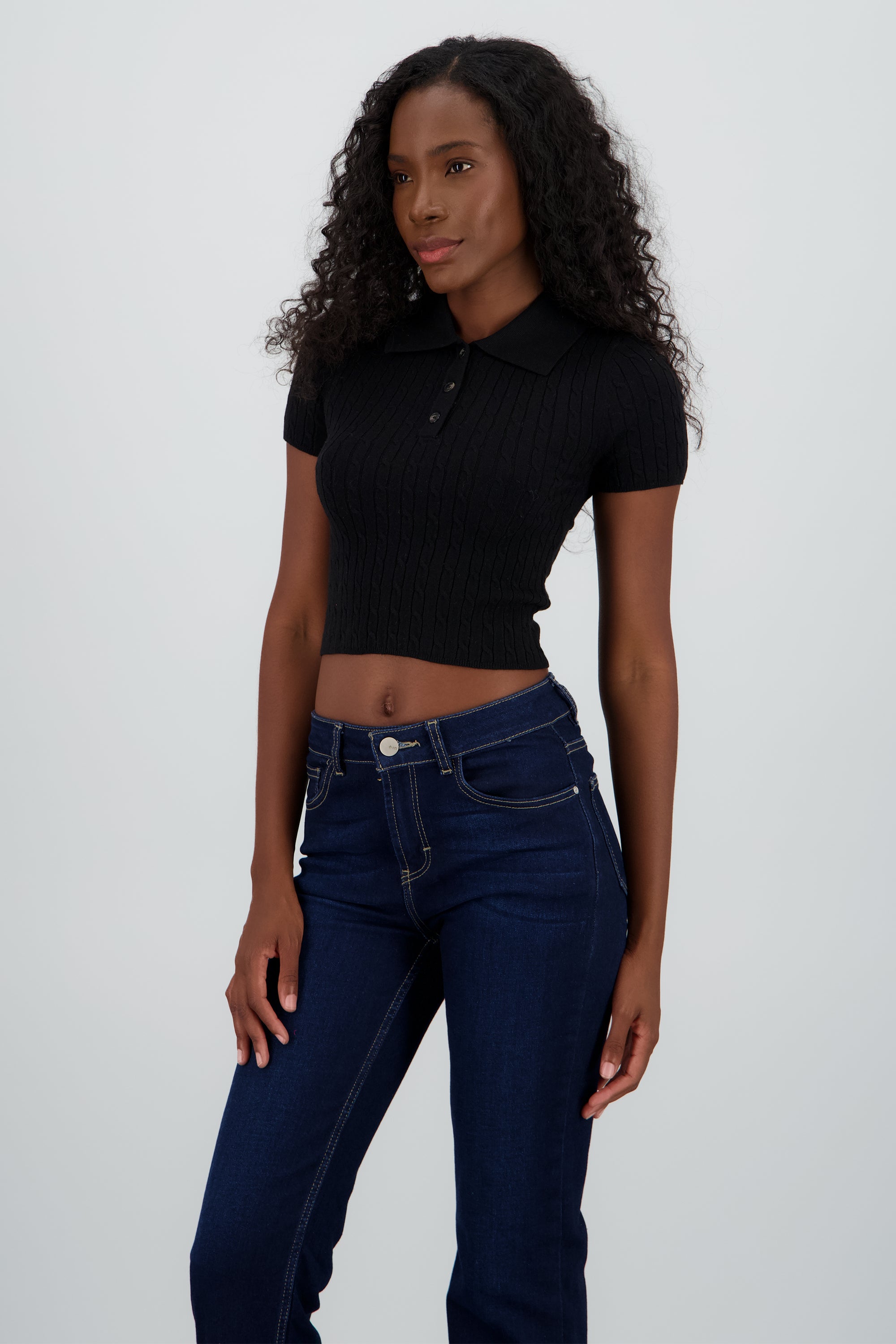 Top tejido trnzado cuello polo NEGRO