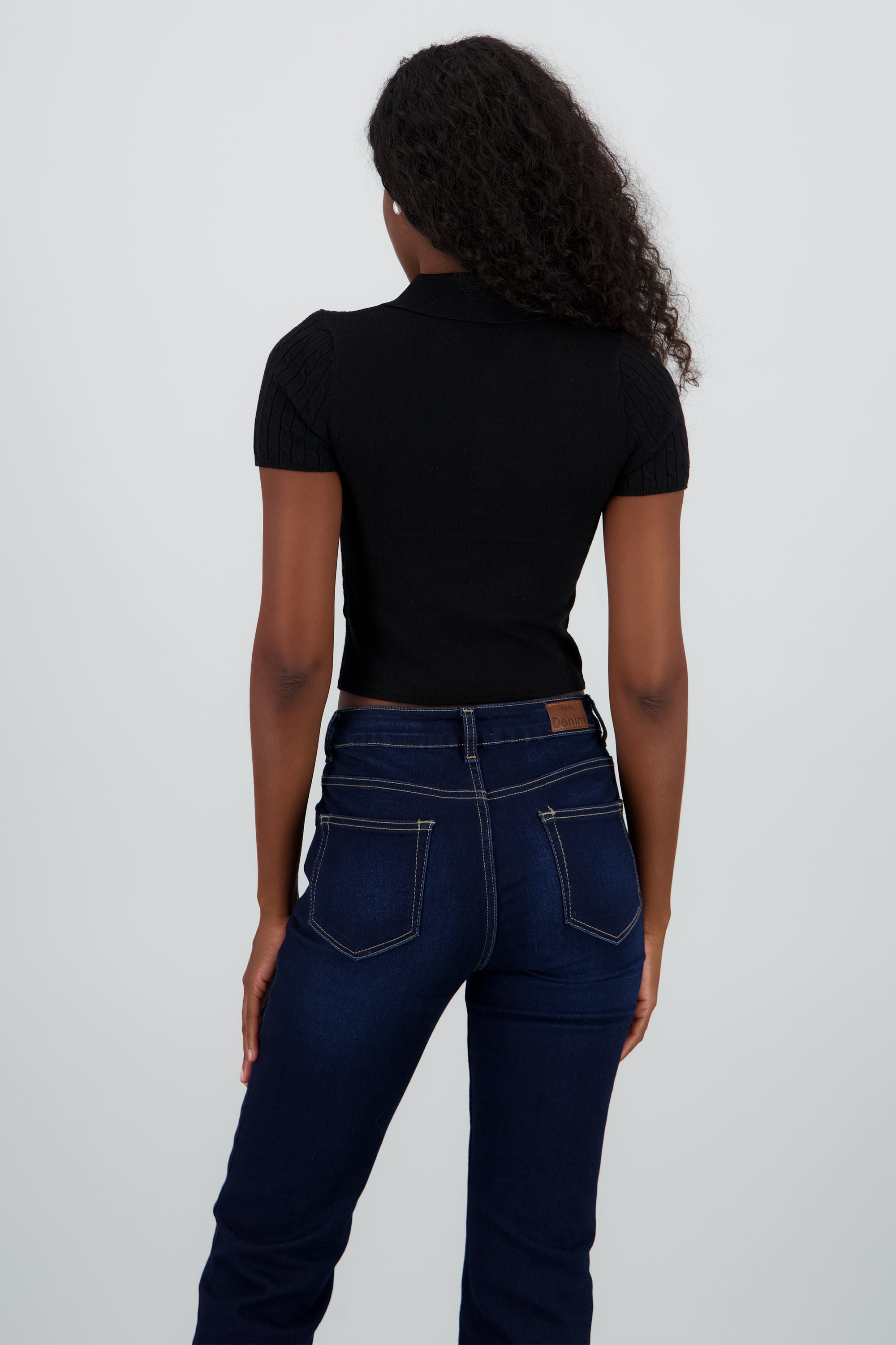 Top tejido trnzado cuello polo NEGRO