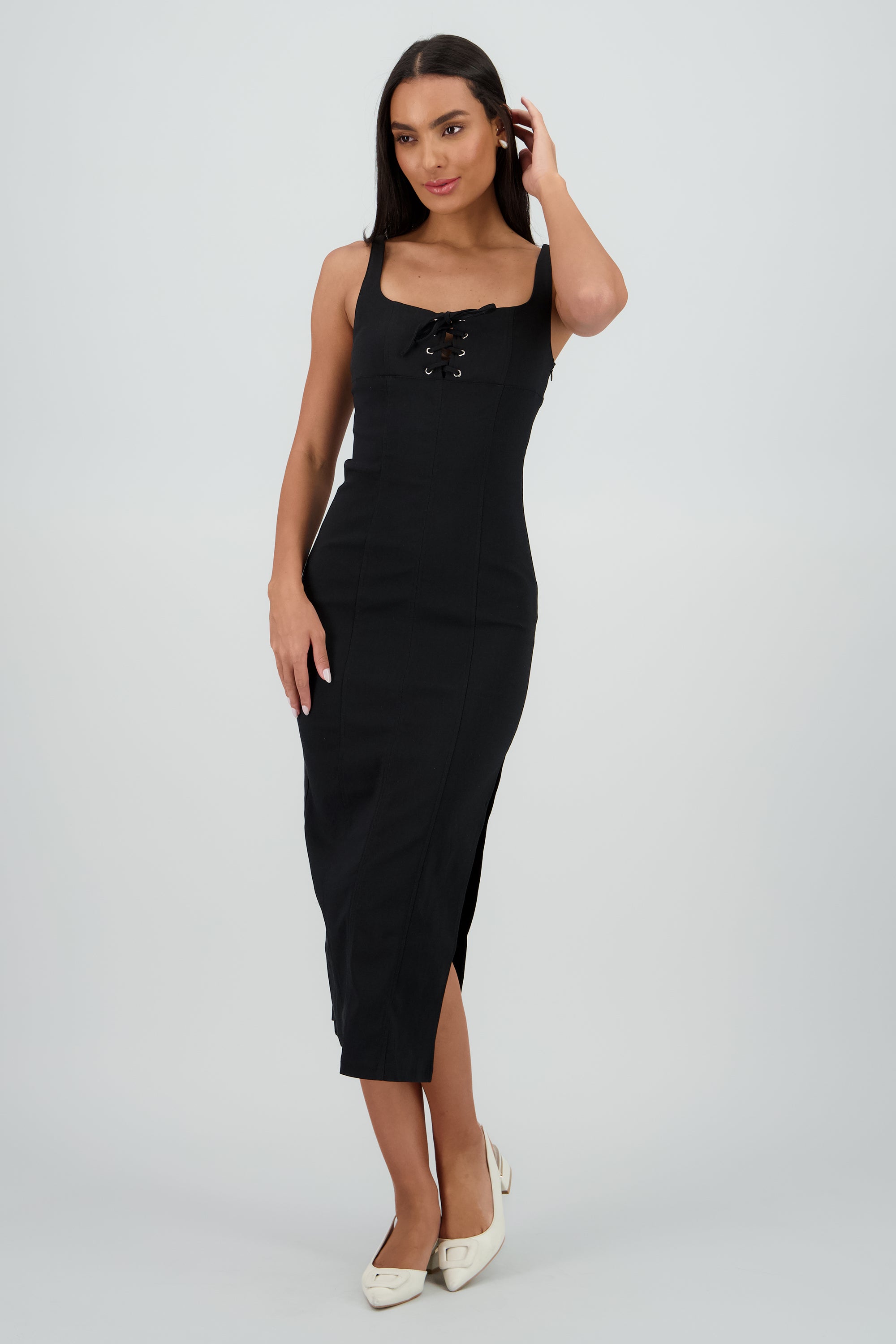 Vestido denim midi detalle laceup NEGRO
