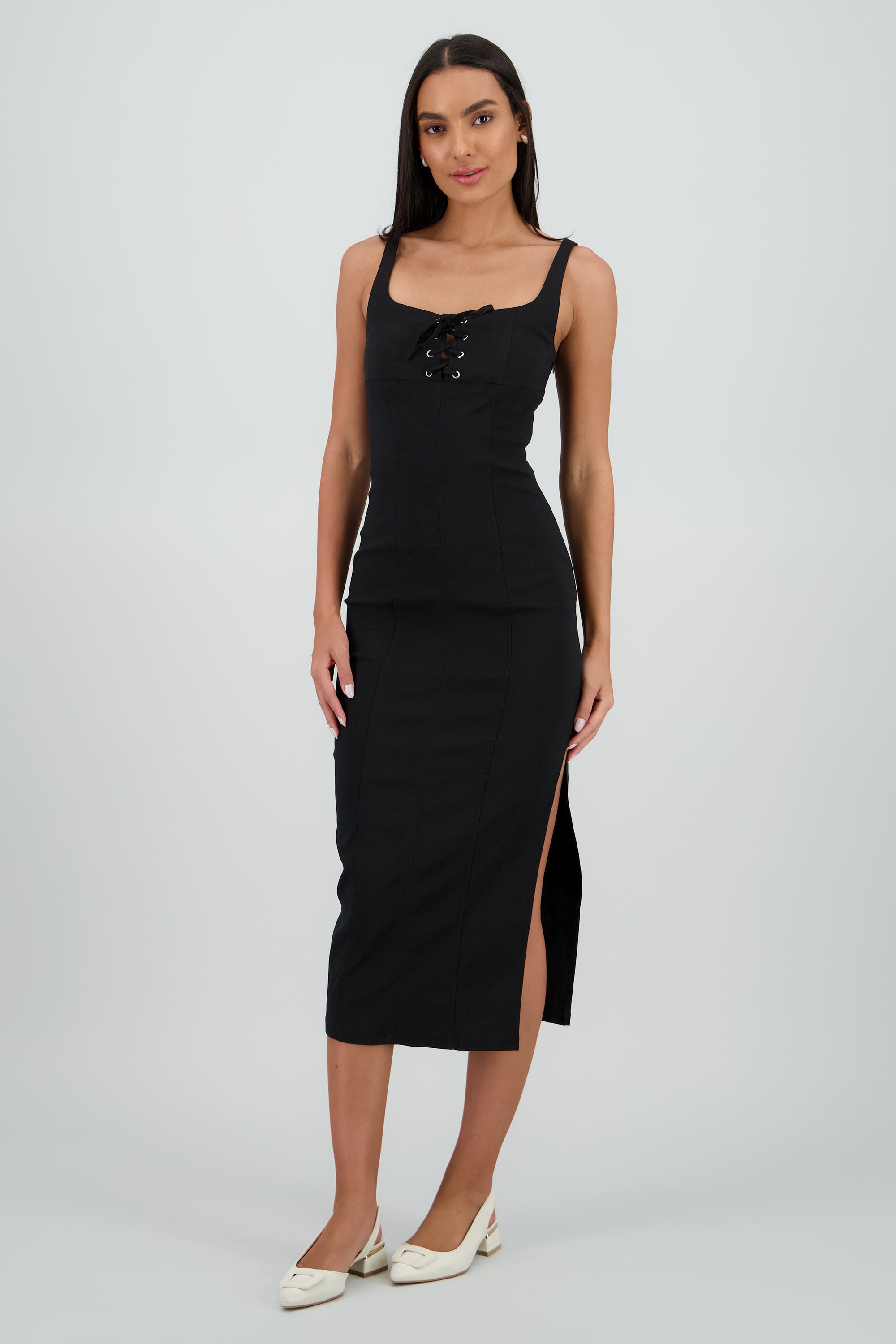 Vestido denim midi detalle laceup NEGRO
