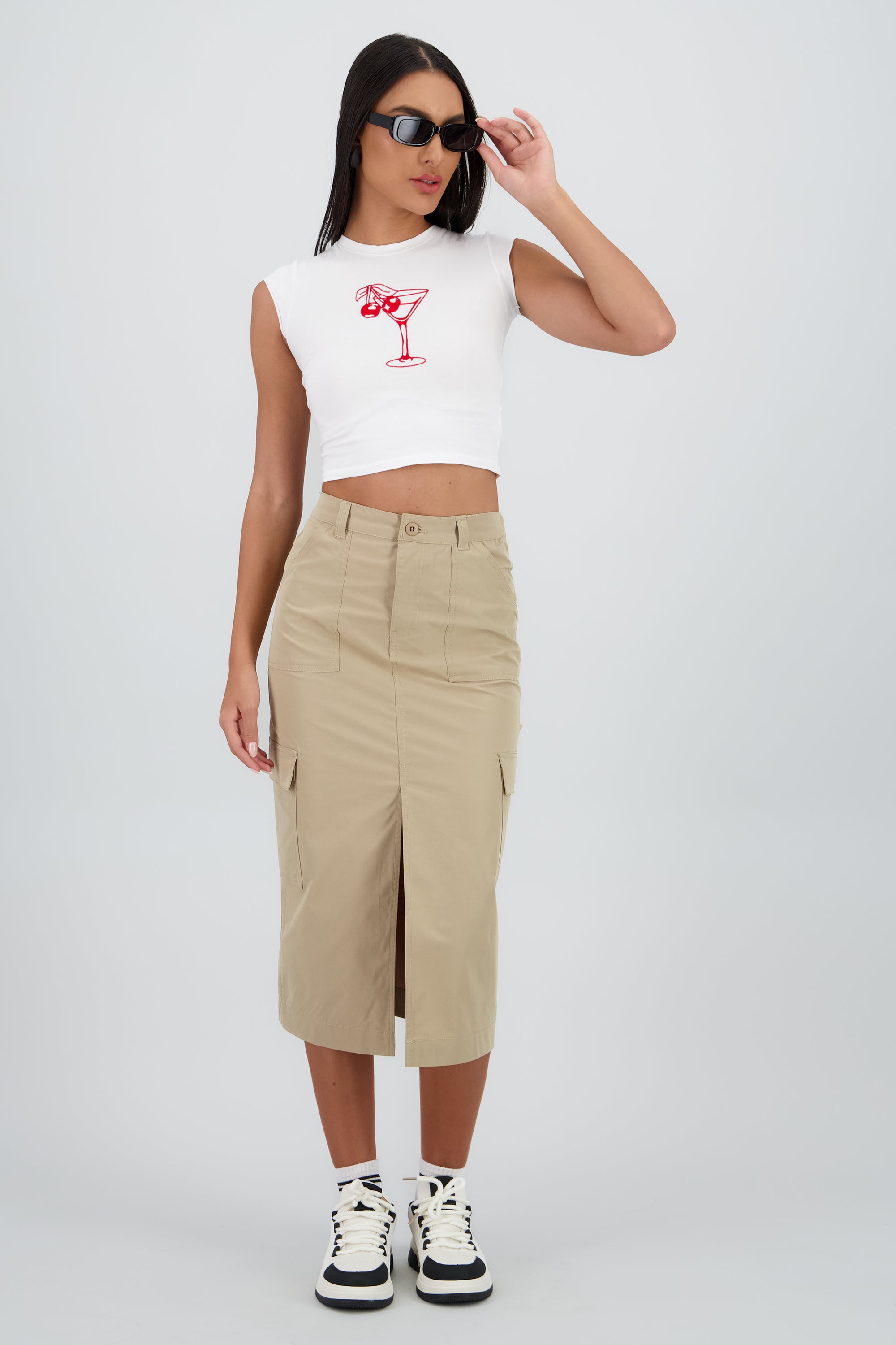 Falda midi detalle pretina lisa BEIGE
