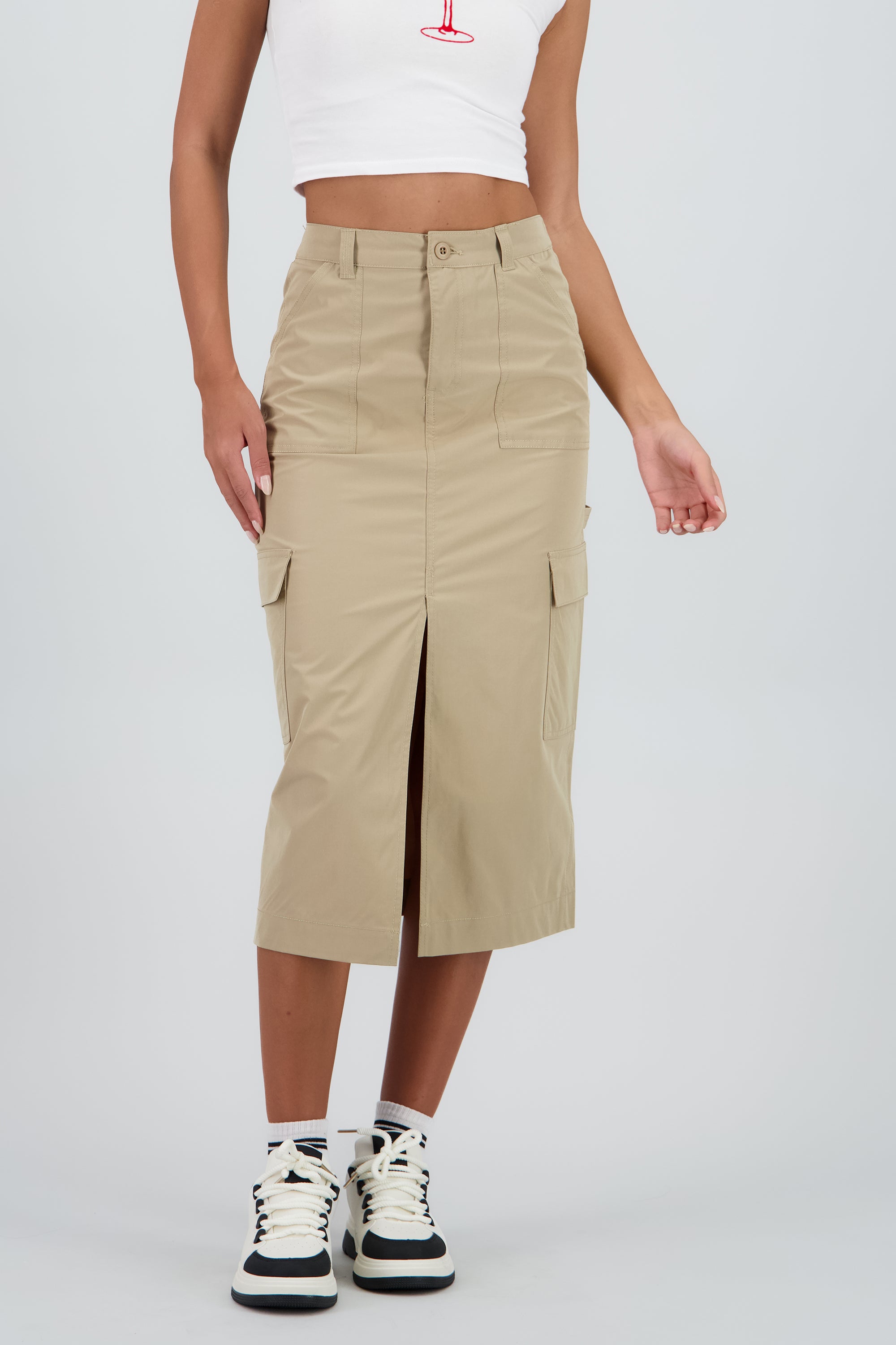 Falda midi detalle pretina lisa BEIGE