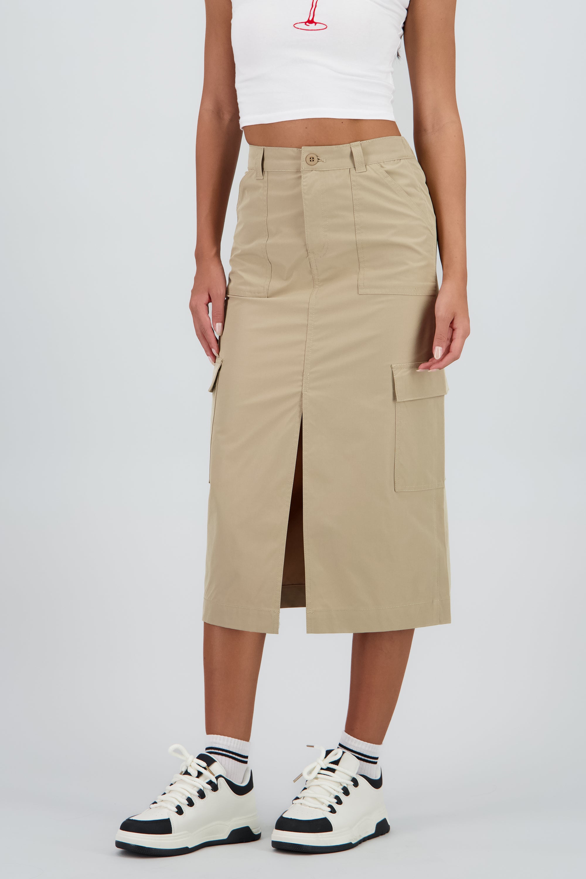 Falda midi detalle pretina lisa BEIGE