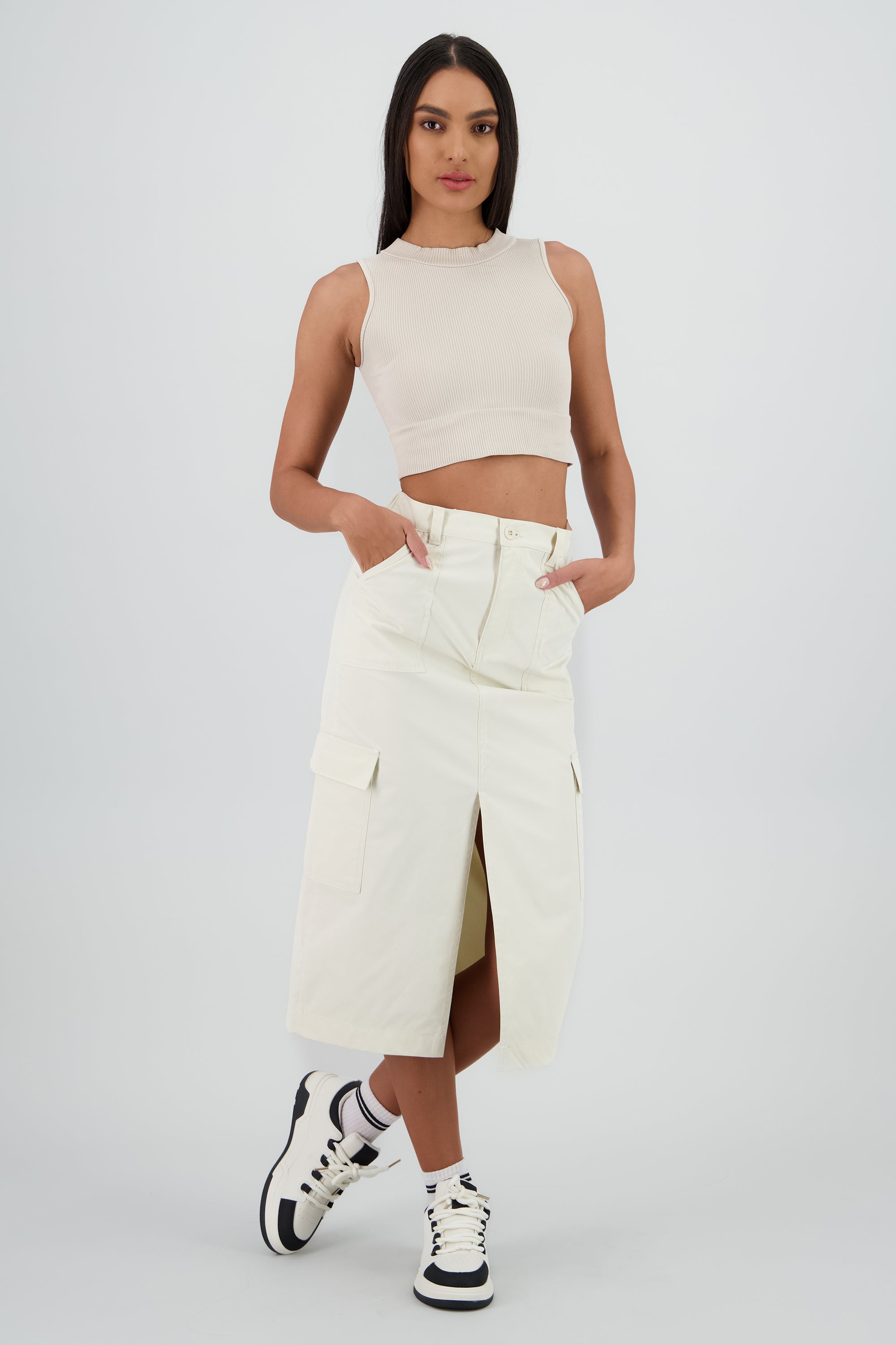 Falda midi detalle pretina lisa BLANCO