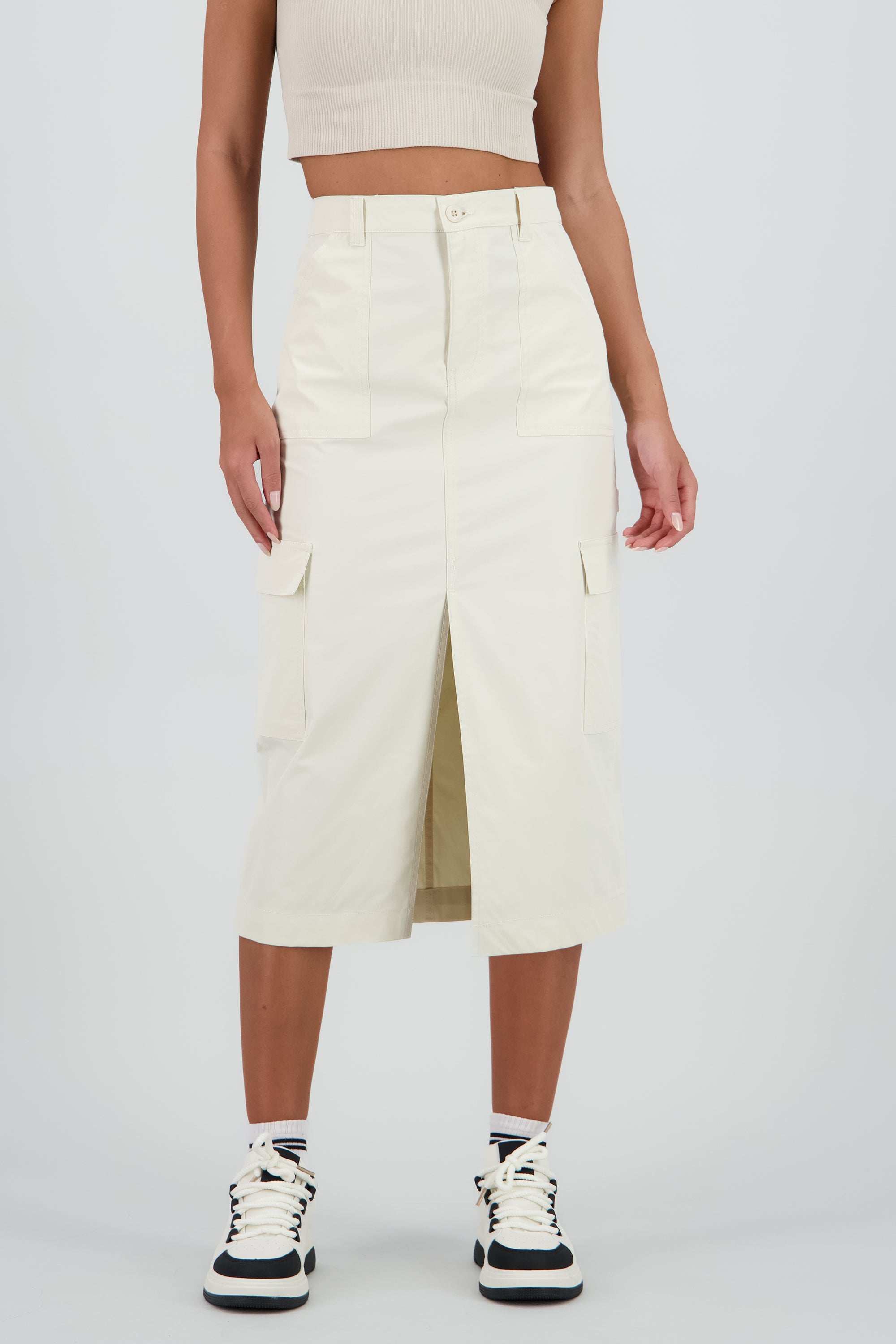Falda midi detalle pretina lisa BLANCO