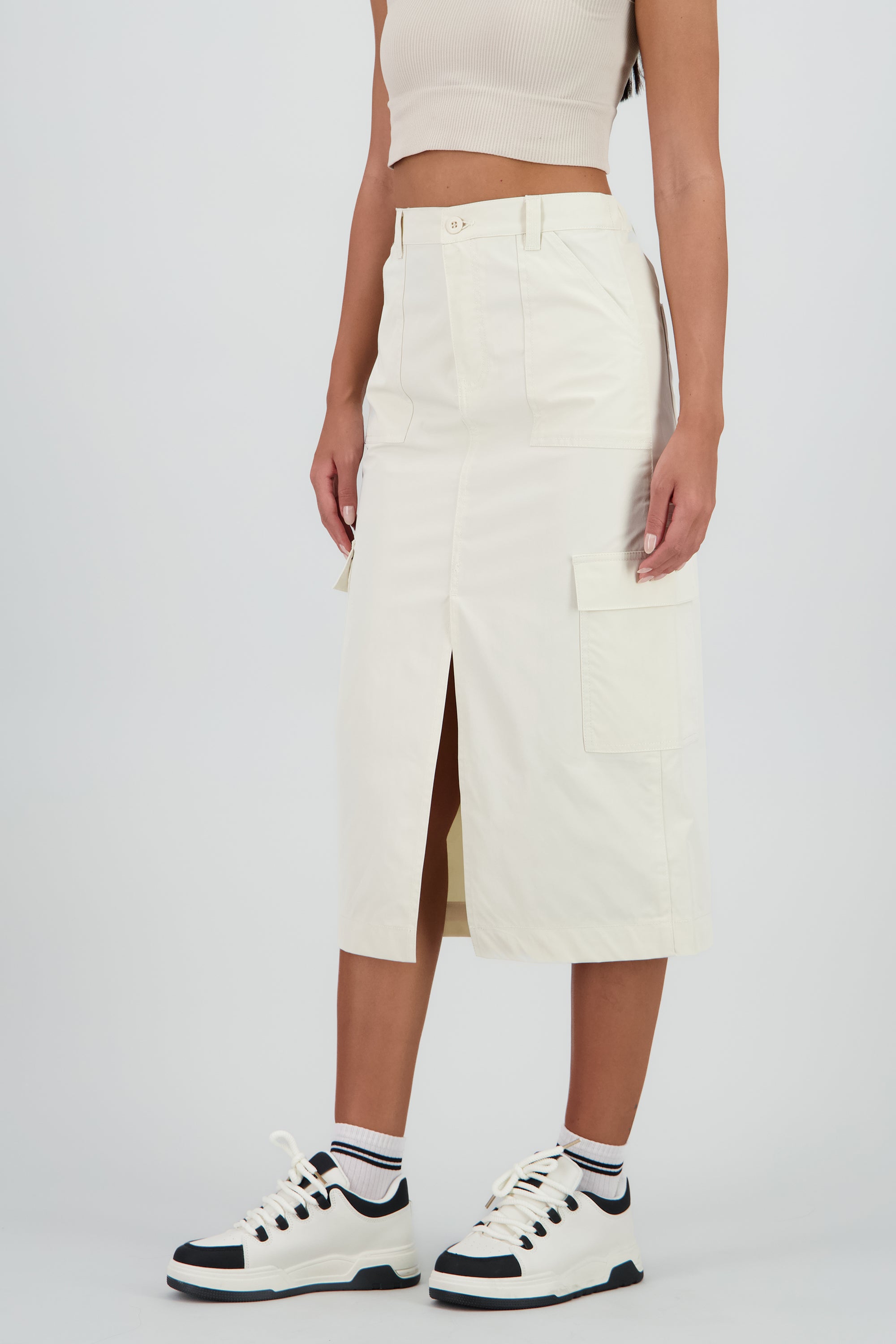 Falda midi detalle pretina lisa BLANCO