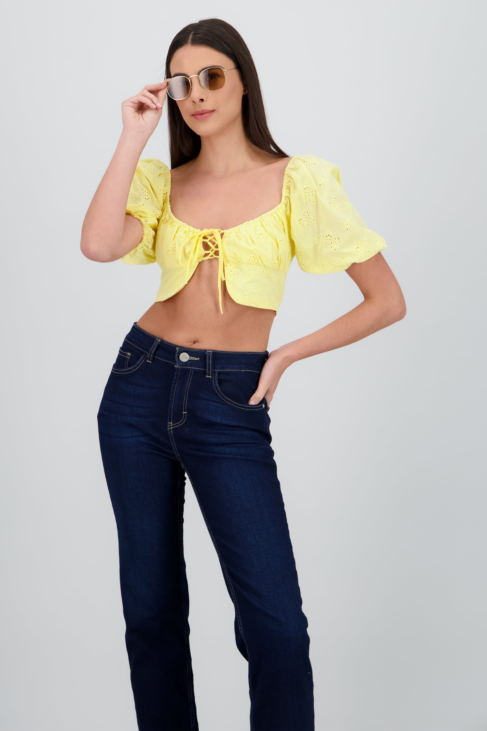 Top crop manga abullonada escote cuadrado AMARILLO