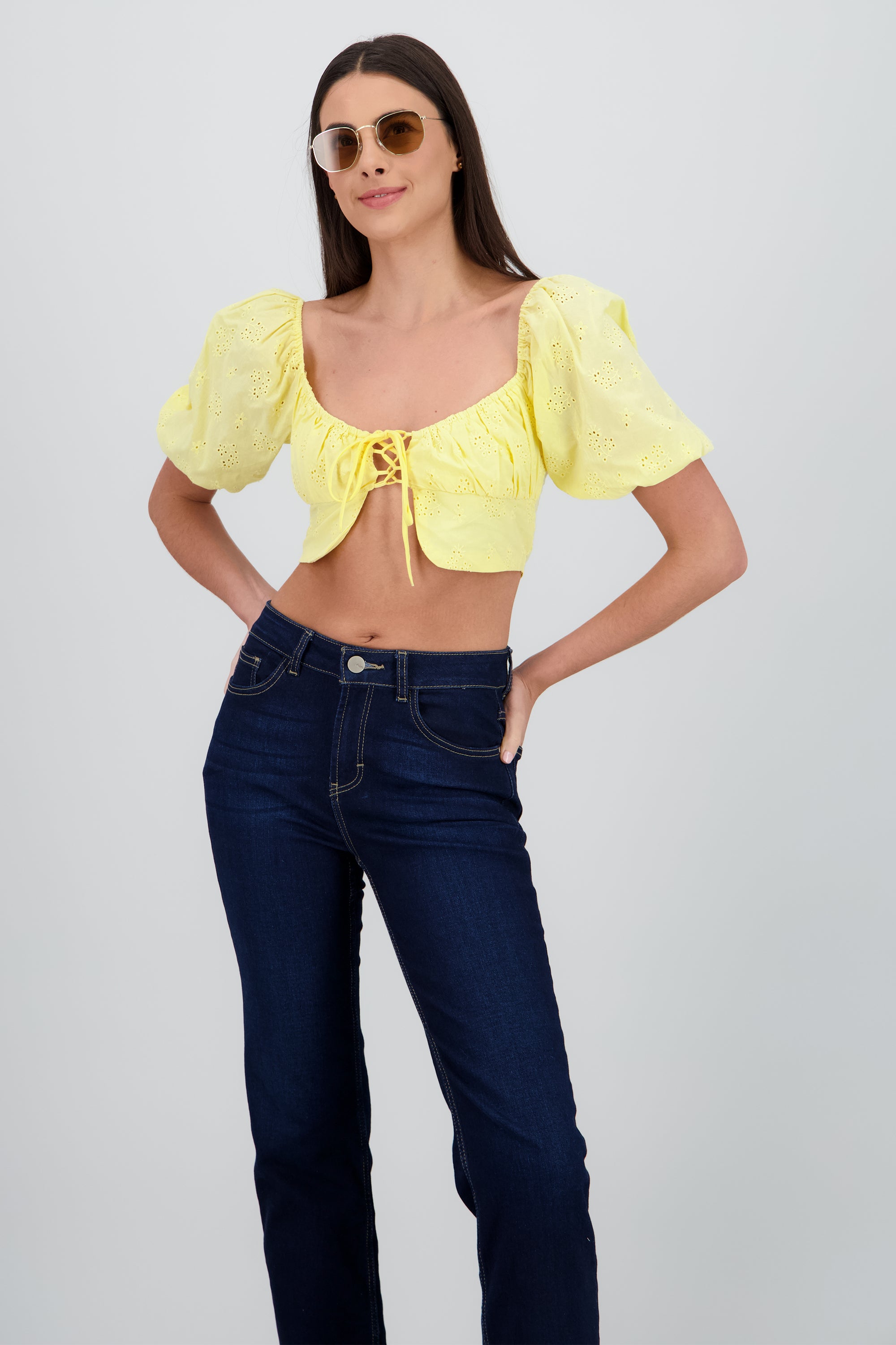 Top crop manga abullonada escote cuadrado AMARILLO