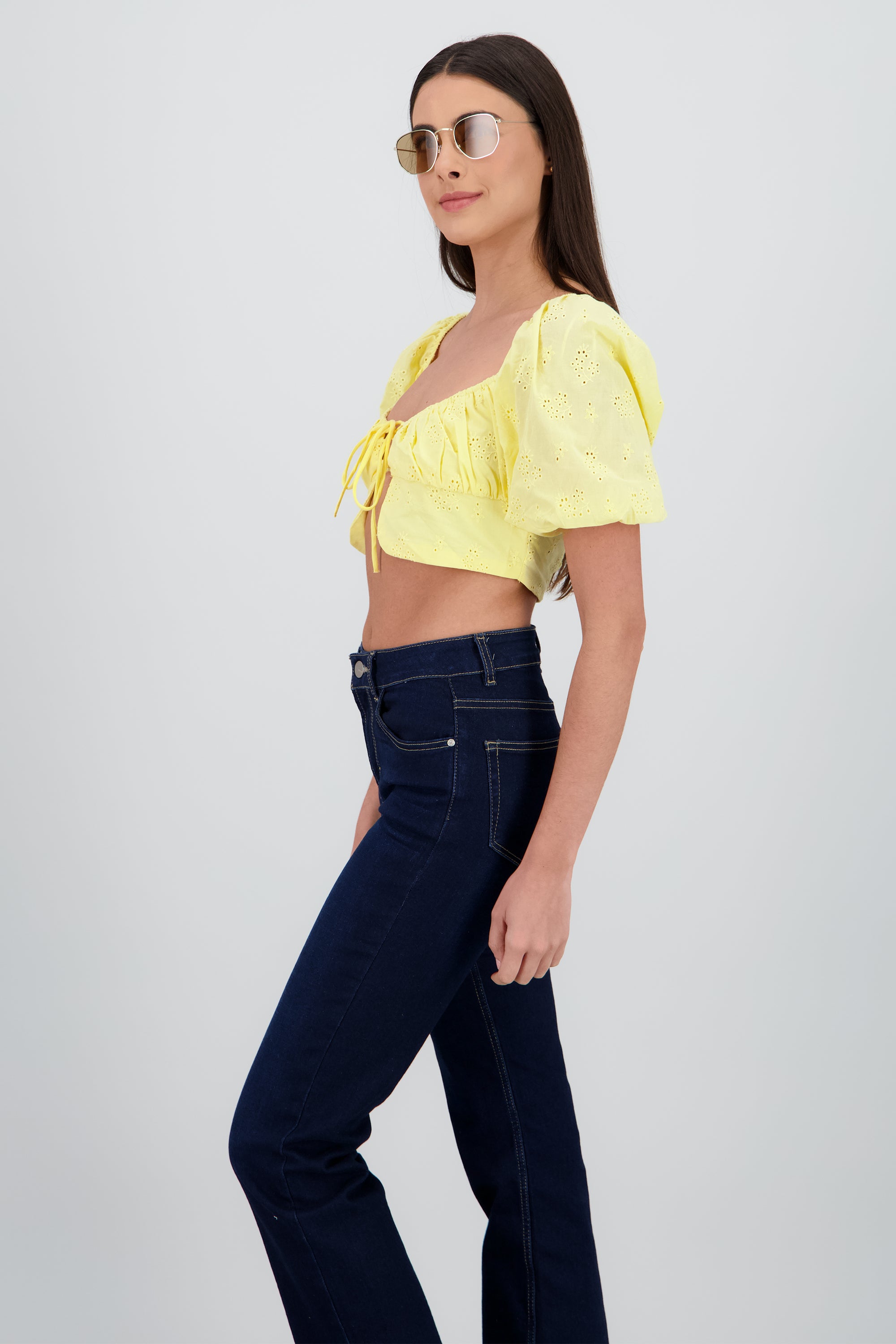 Top crop manga abullonada escote cuadrado AMARILLO