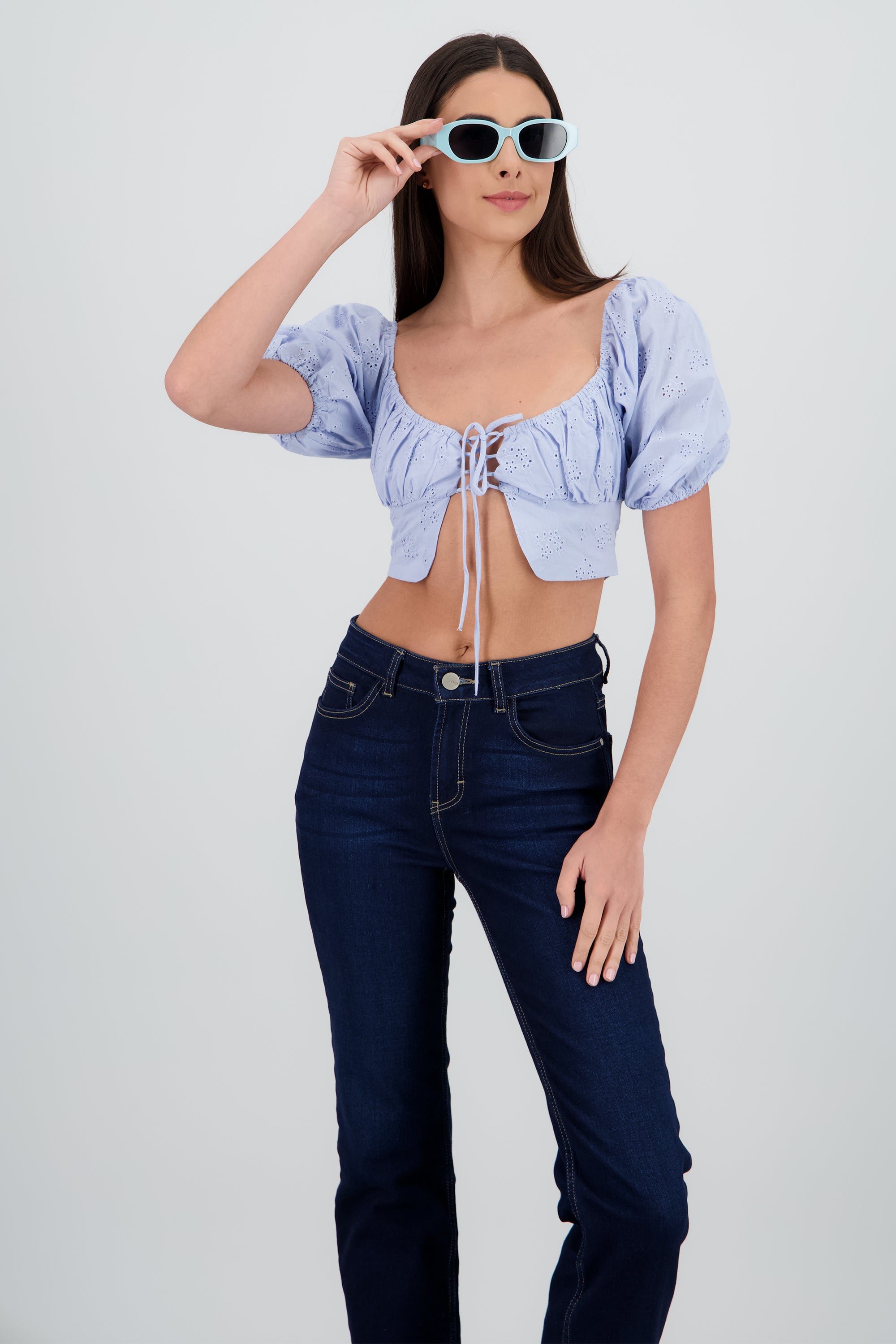 Top crop manga abullonada escote cuadrado AZUL