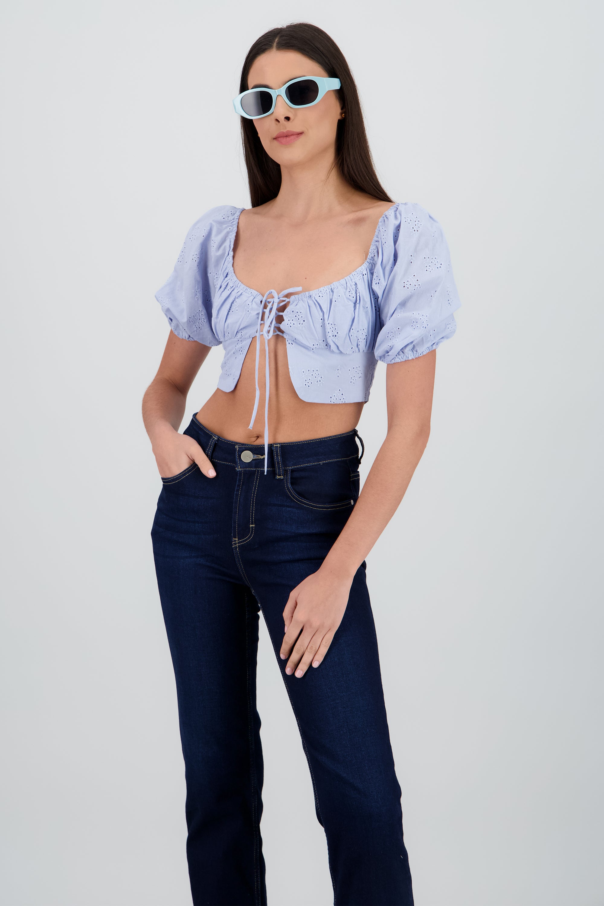 Top crop manga abullonada escote cuadrado AZUL