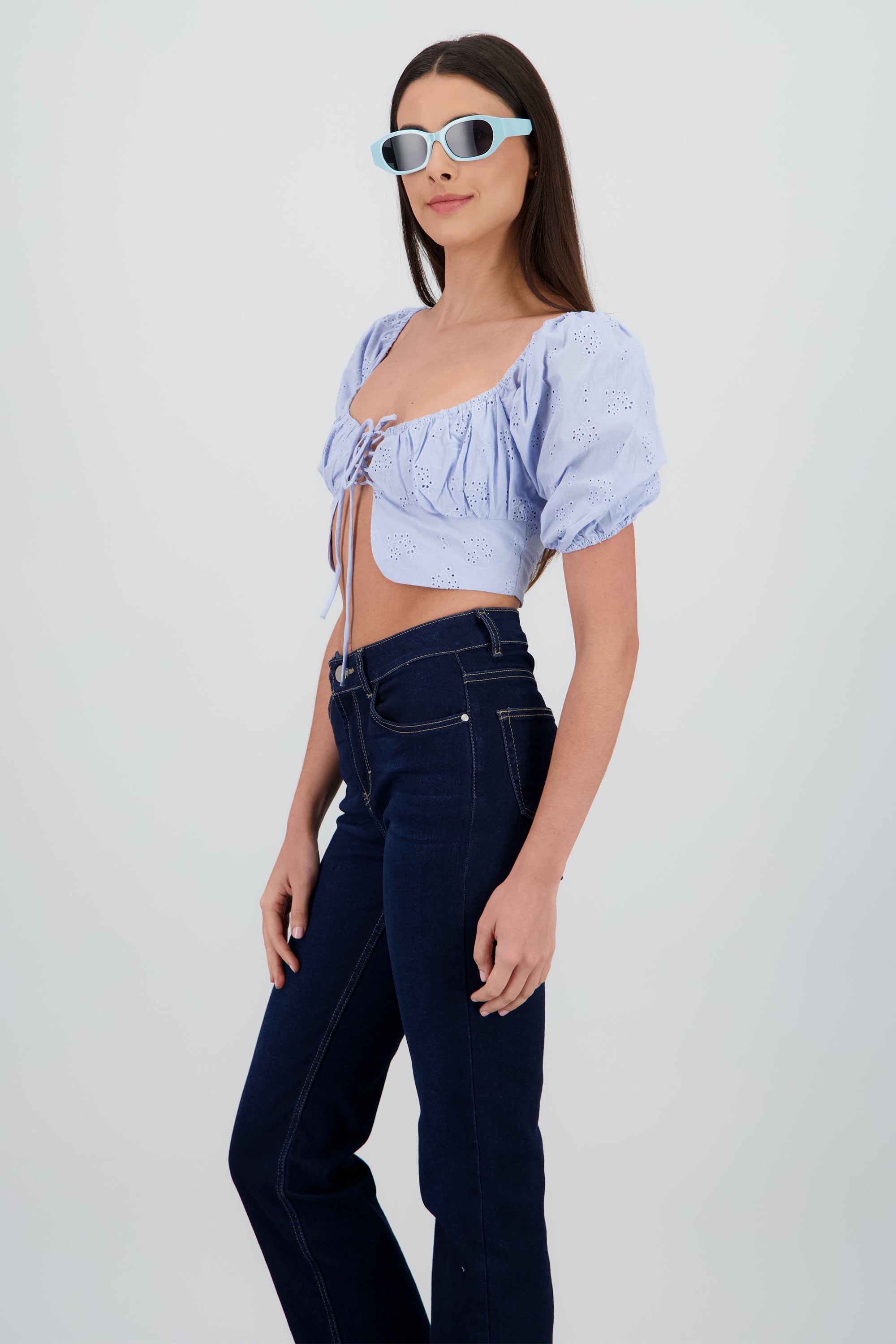 Top crop manga abullonada escote cuadrado AZUL