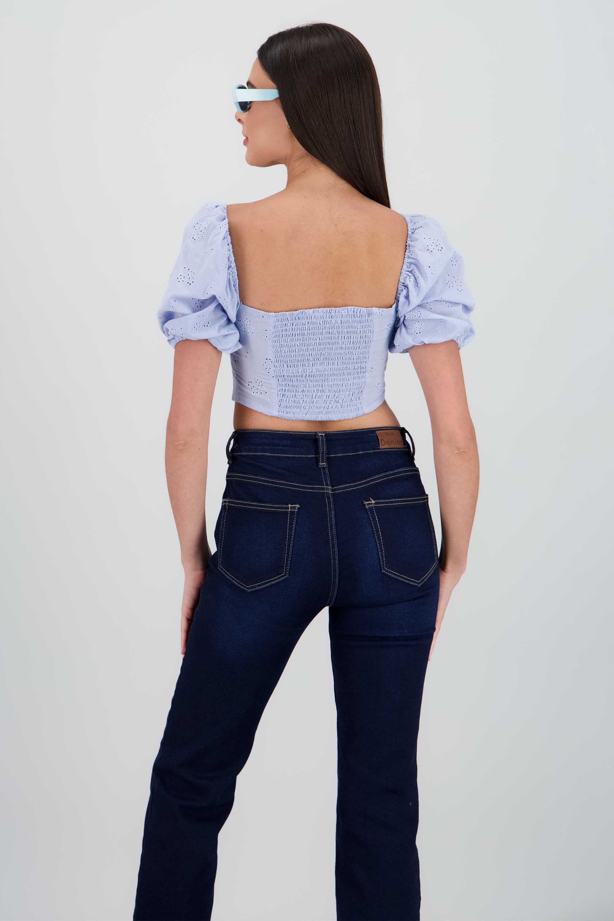 Top crop manga abullonada escote cuadrado AZUL