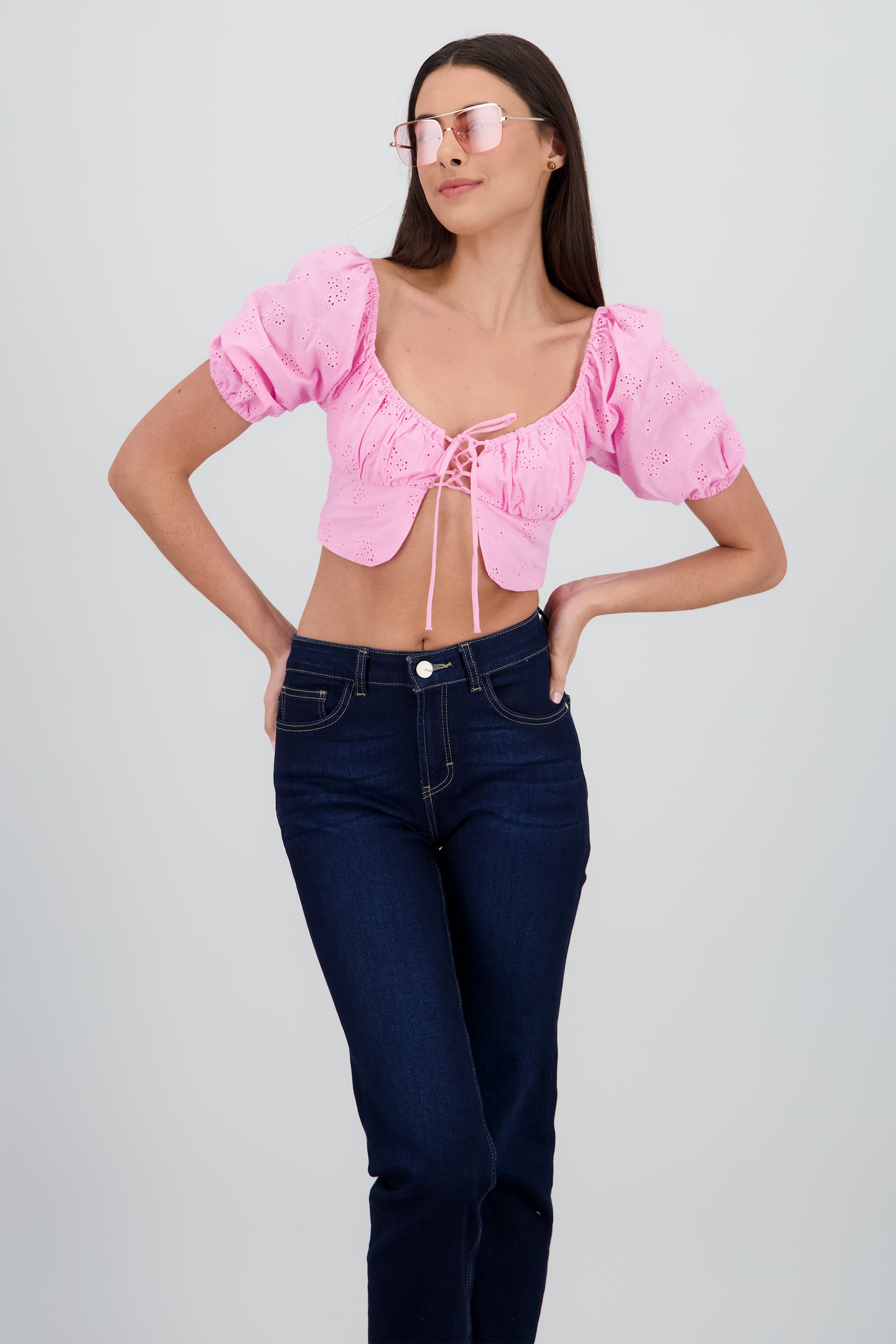 Top crop manga abullonada escote cuadrado ROSA