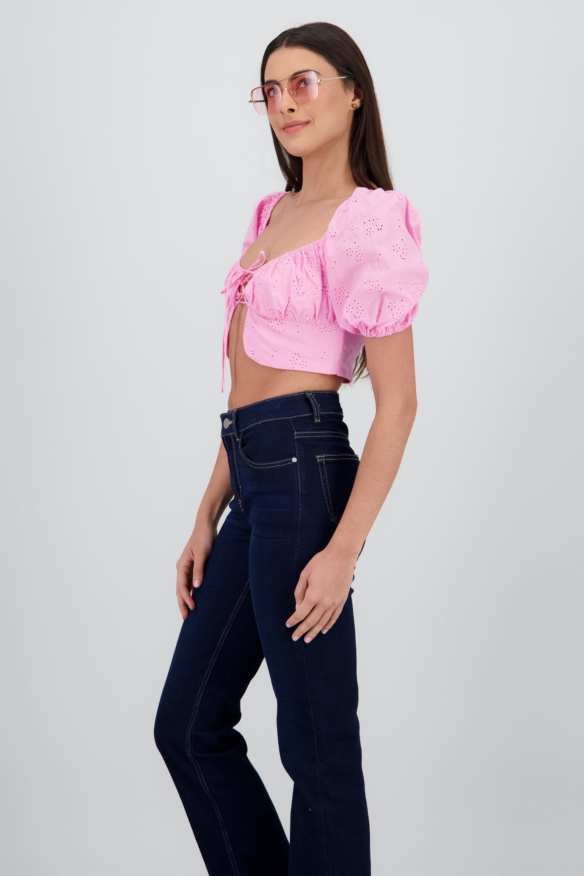 Top crop manga abullonada escote cuadrado ROSA