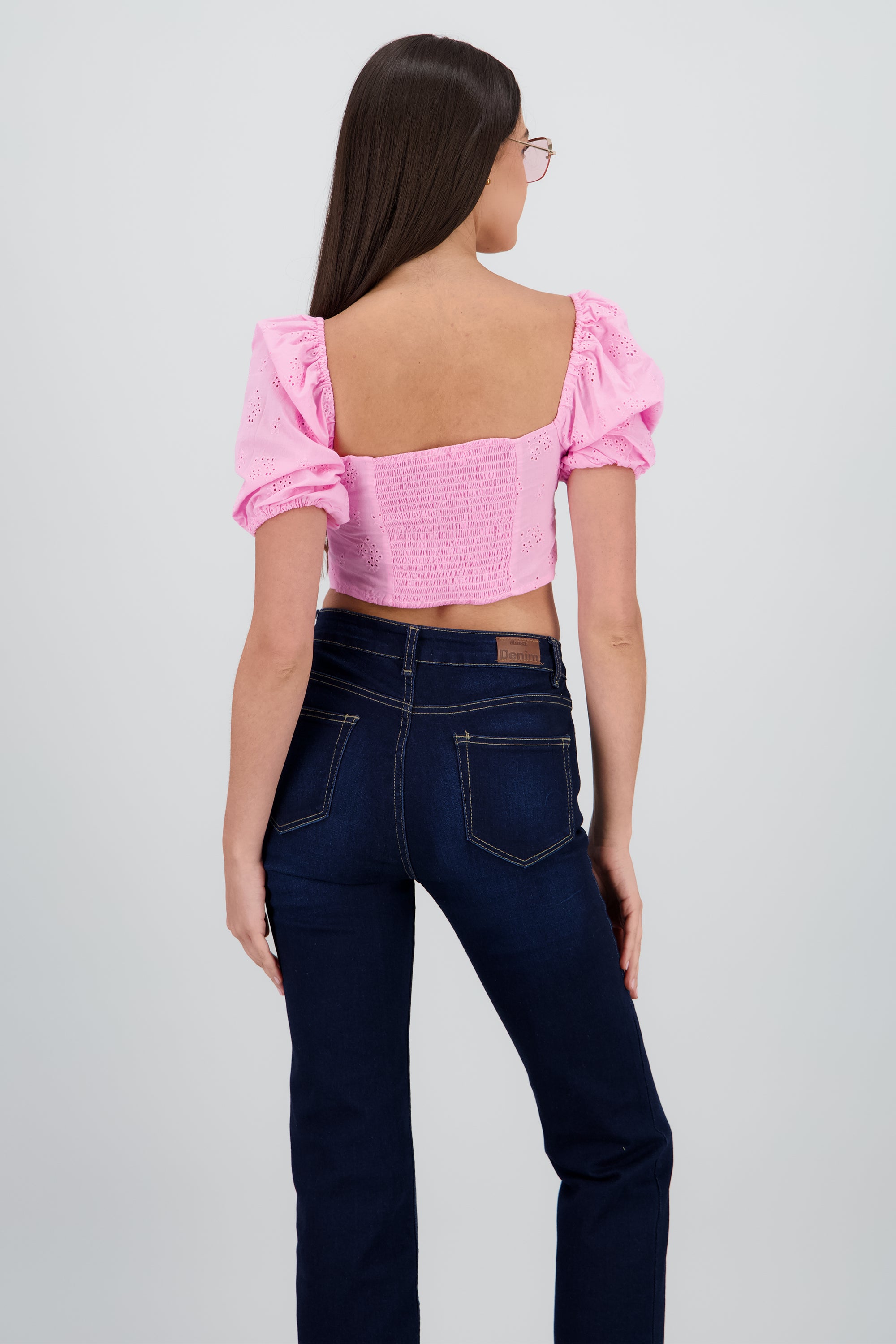 Top crop manga abullonada escote cuadrado ROSA