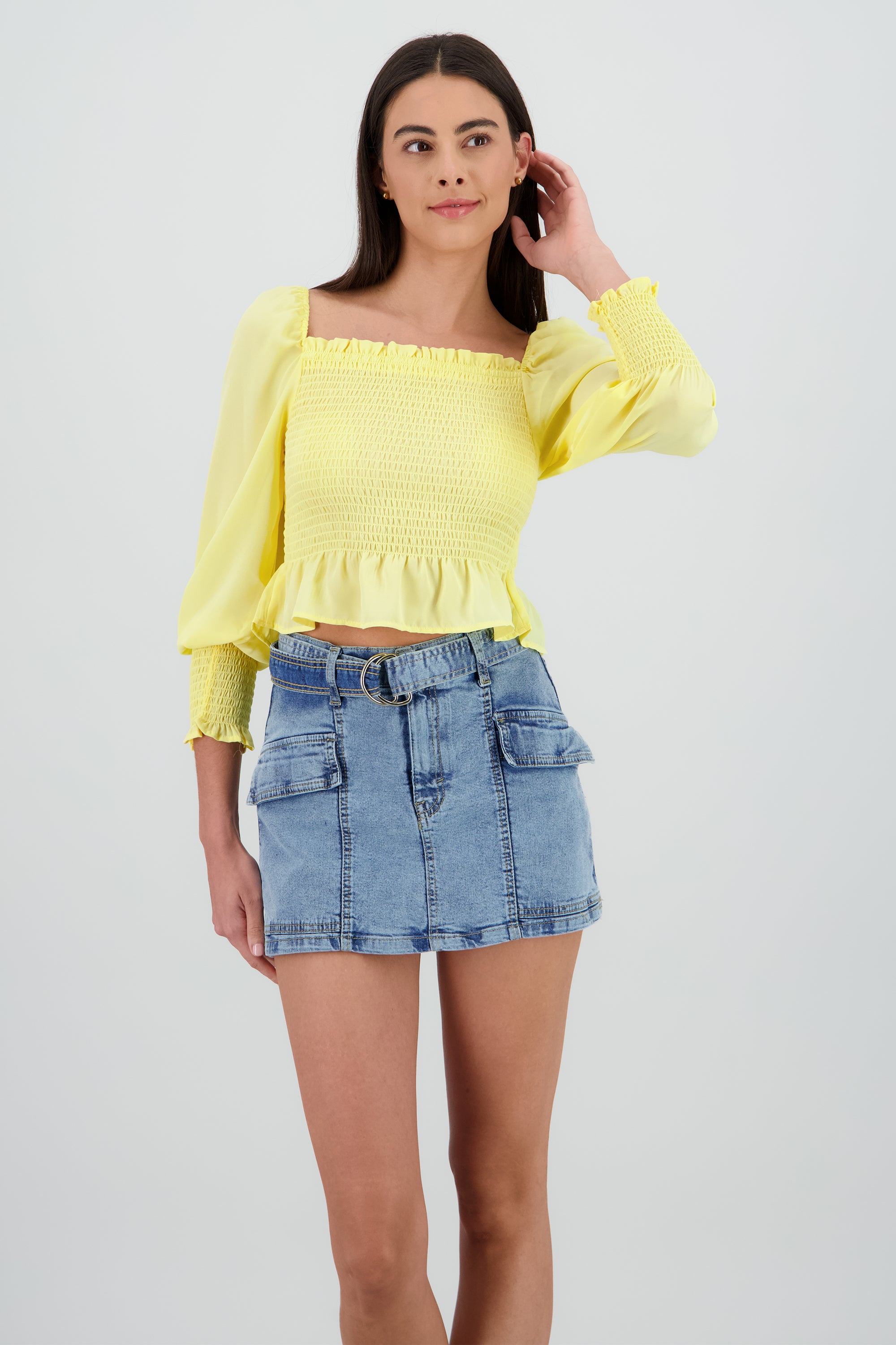 Top manga larga abullonada detalle smock AMARILLO