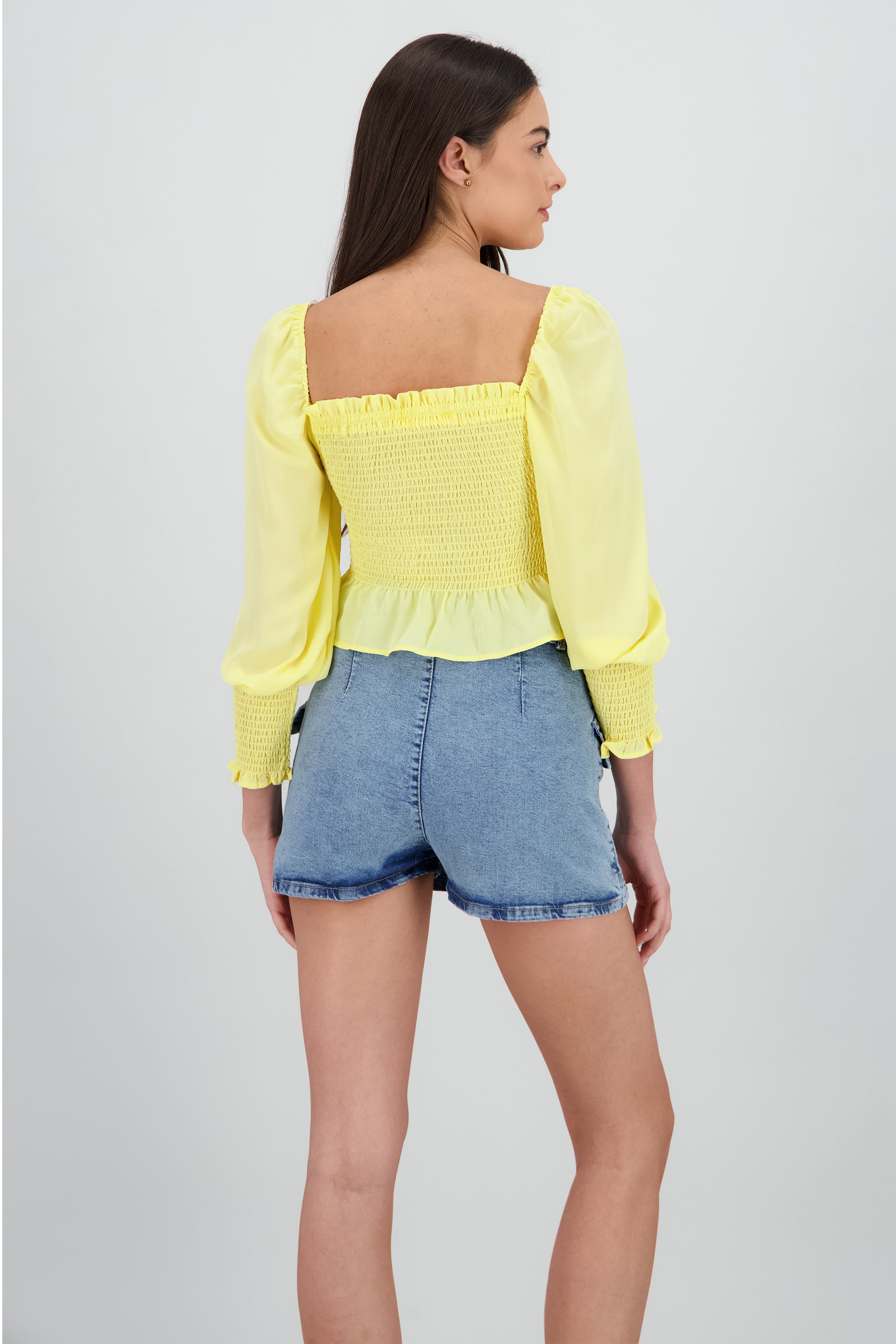 Top manga larga abullonada detalle smock AMARILLO