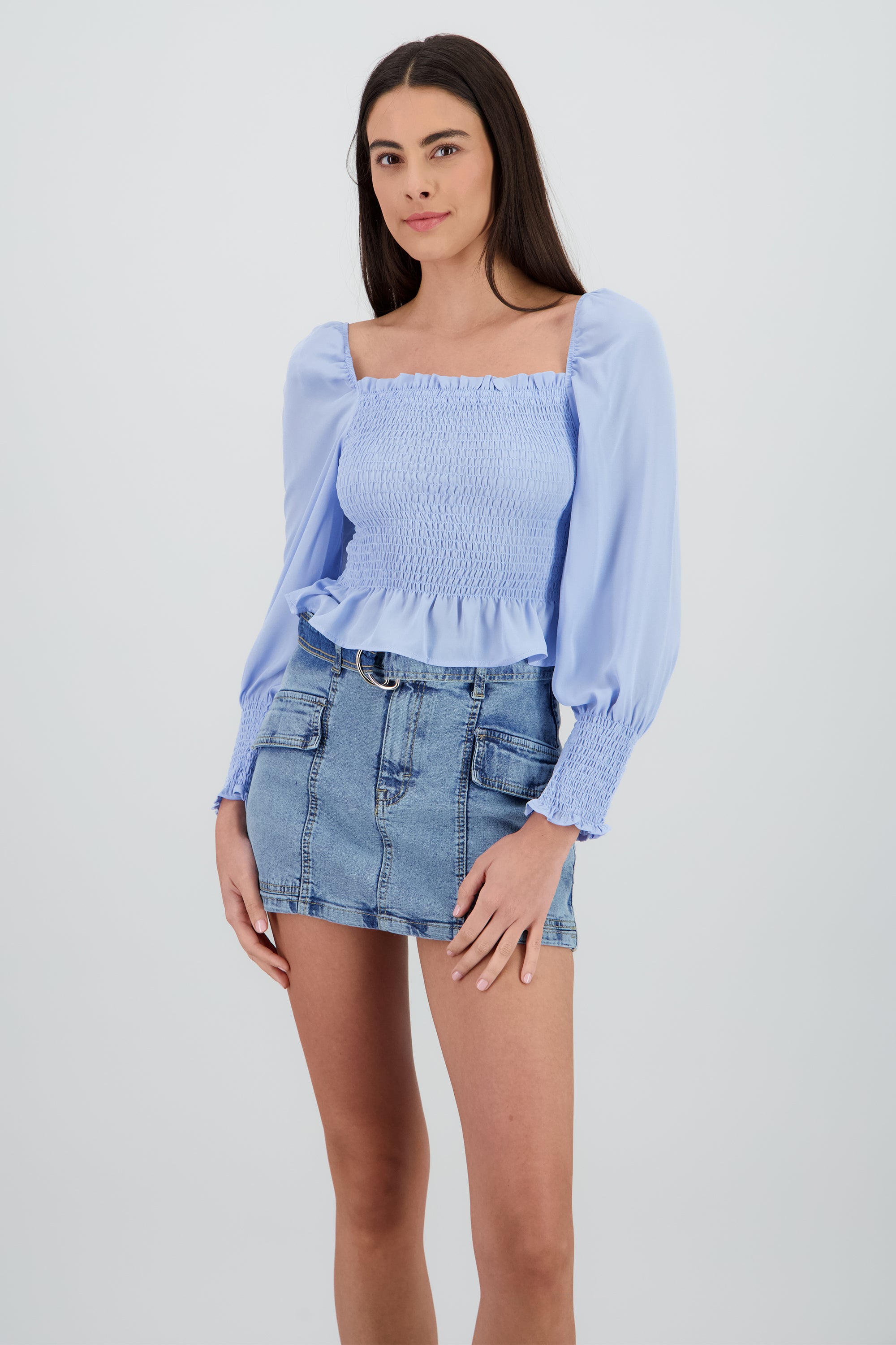 Top manga larga abullonada detalle smock AZUL