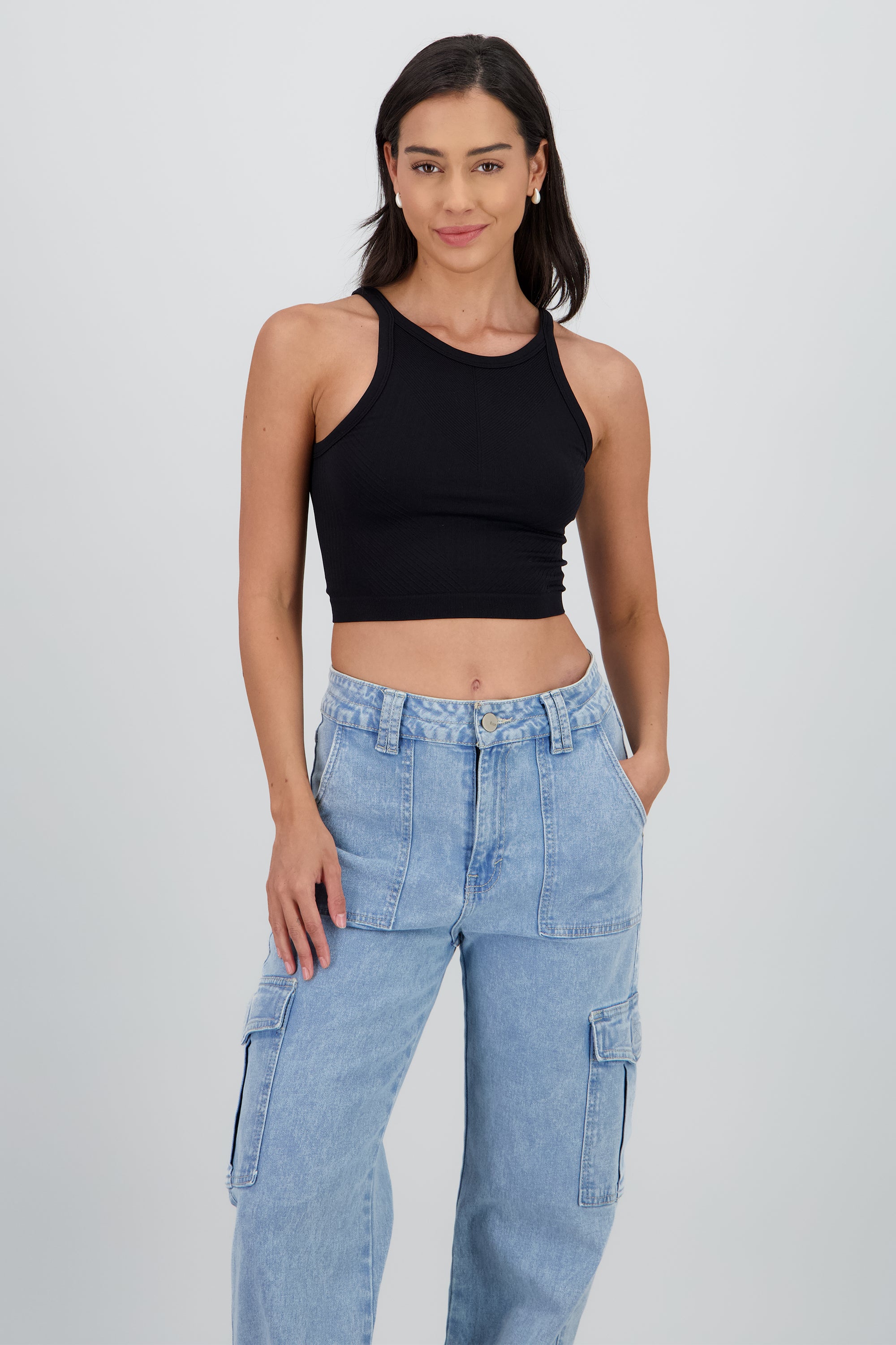 Top sin mangas cuello redondo semaless NEGRO