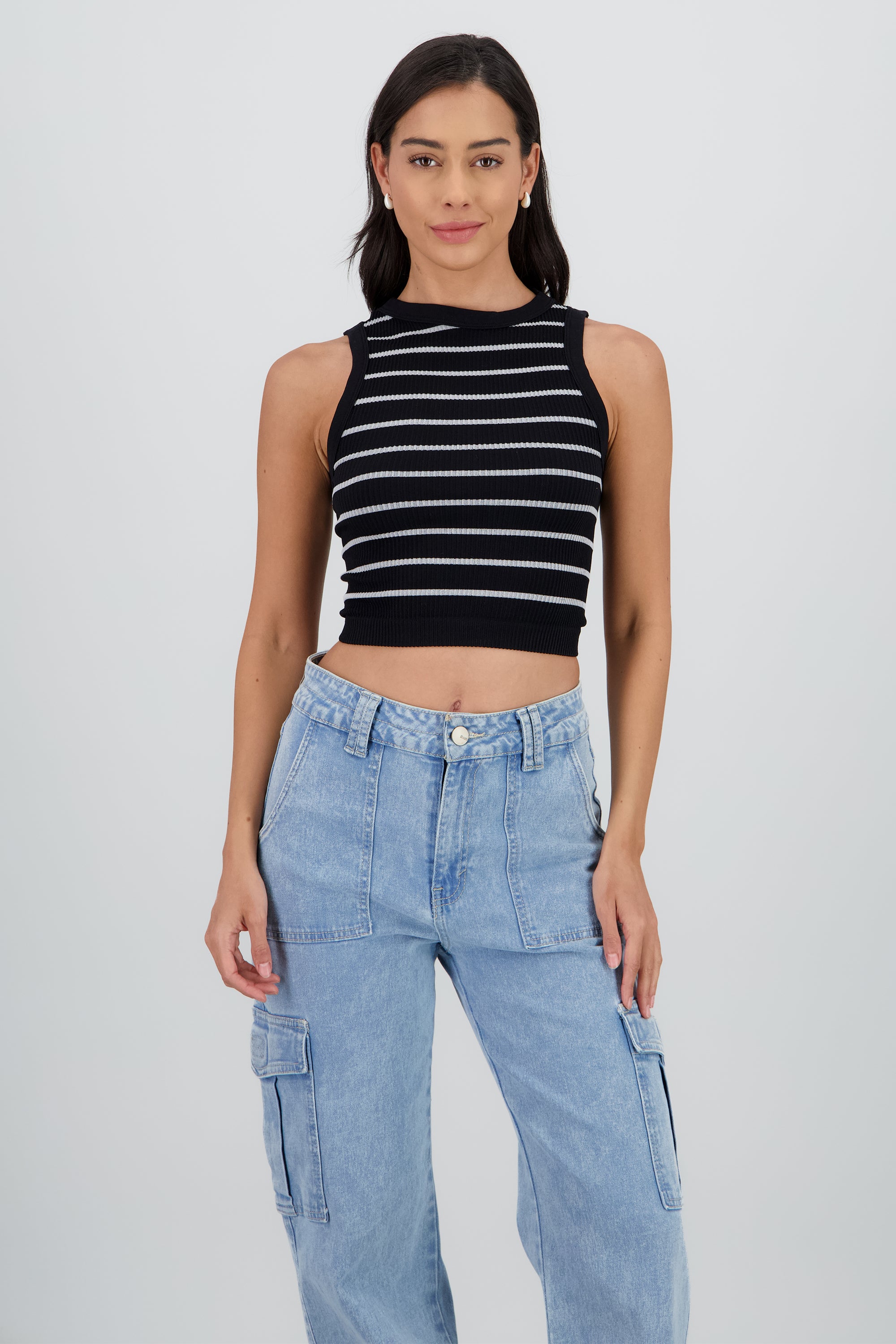 Top cuello redondo rayas seamless NEGRO COMBO