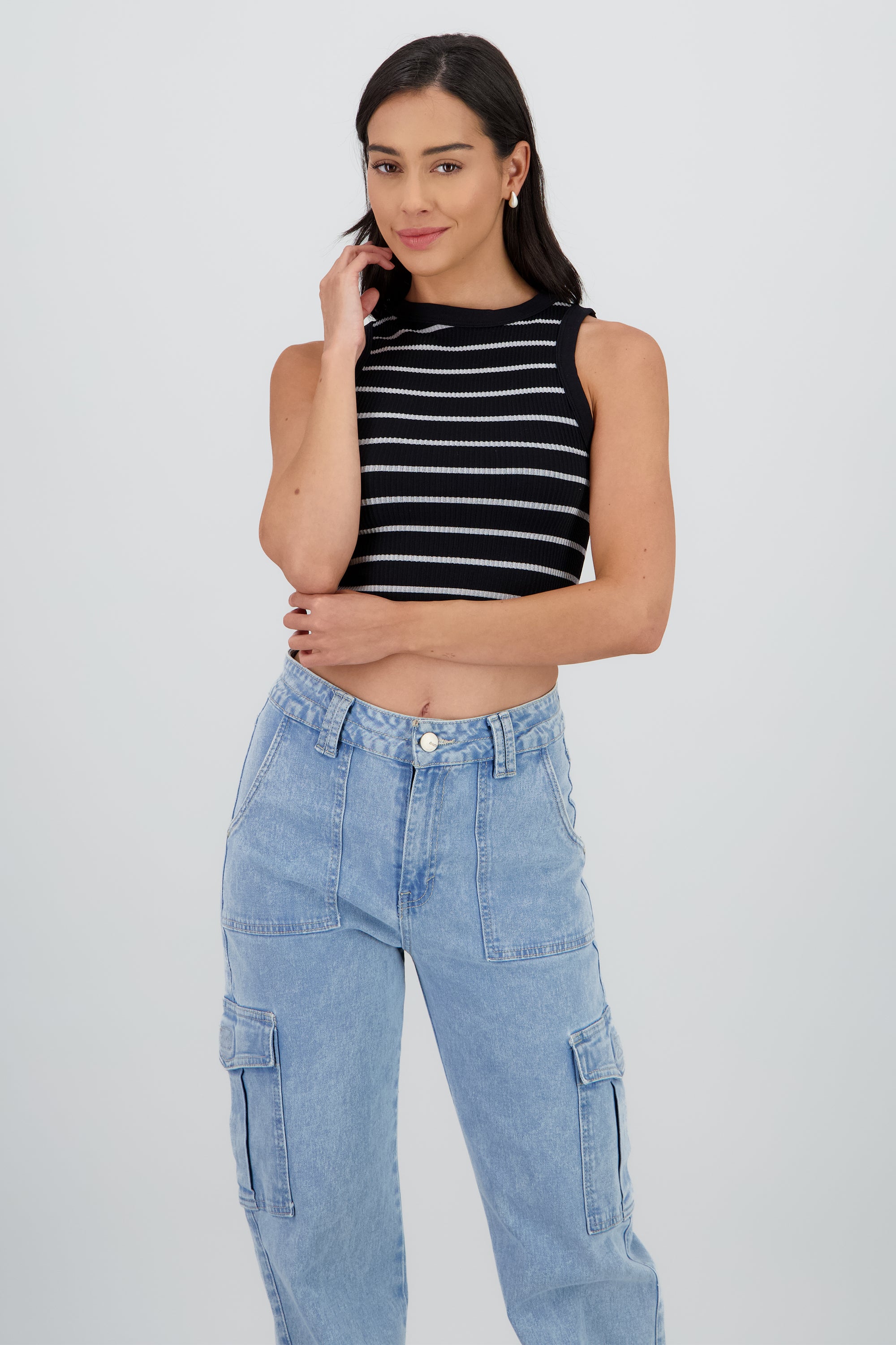 Top cuello redondo rayas seamless NEGRO COMBO