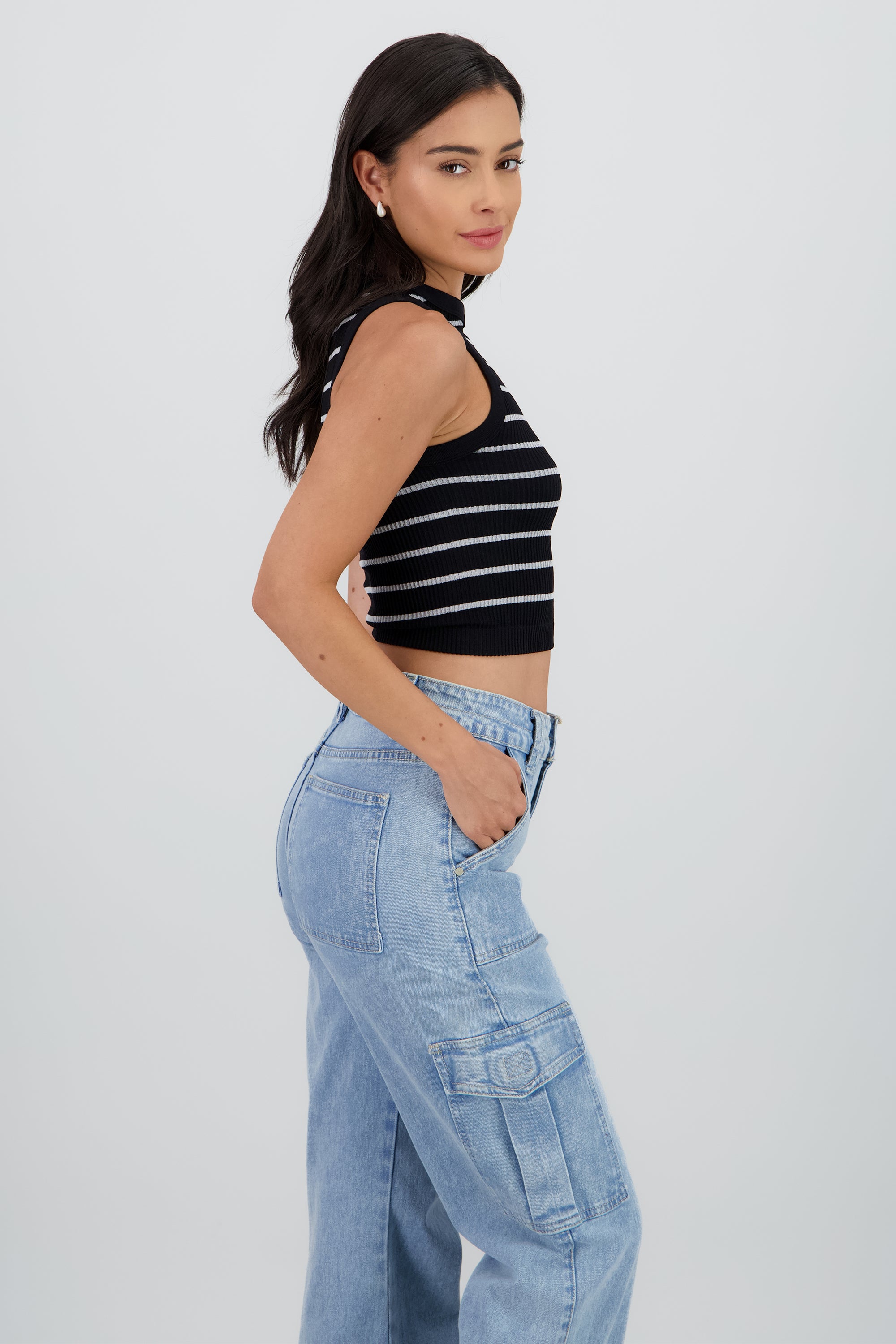 Top cuello redondo rayas seamless NEGRO COMBO
