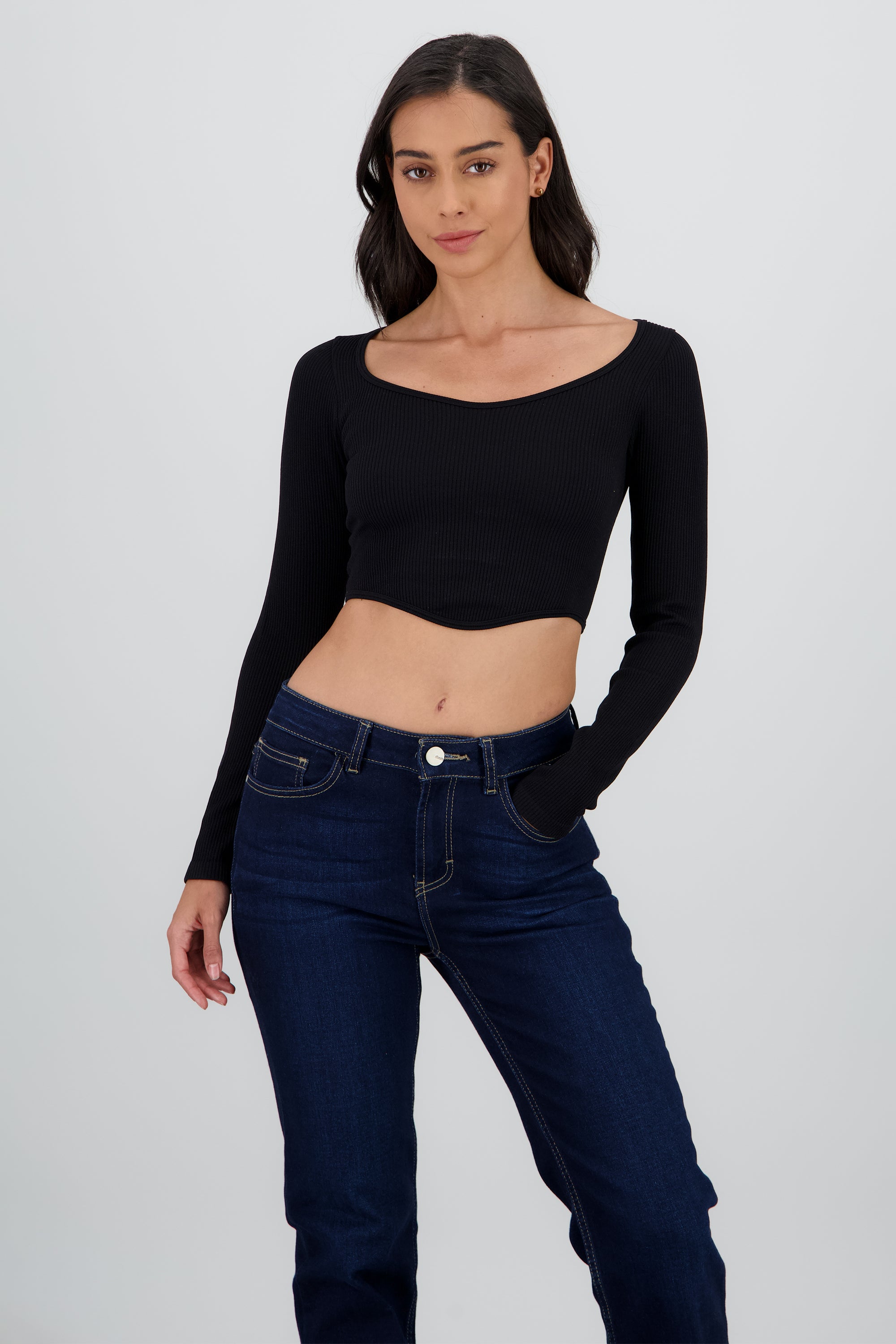 TOP MANGA LARGA CUELLO REDONDO RIB NEGRO