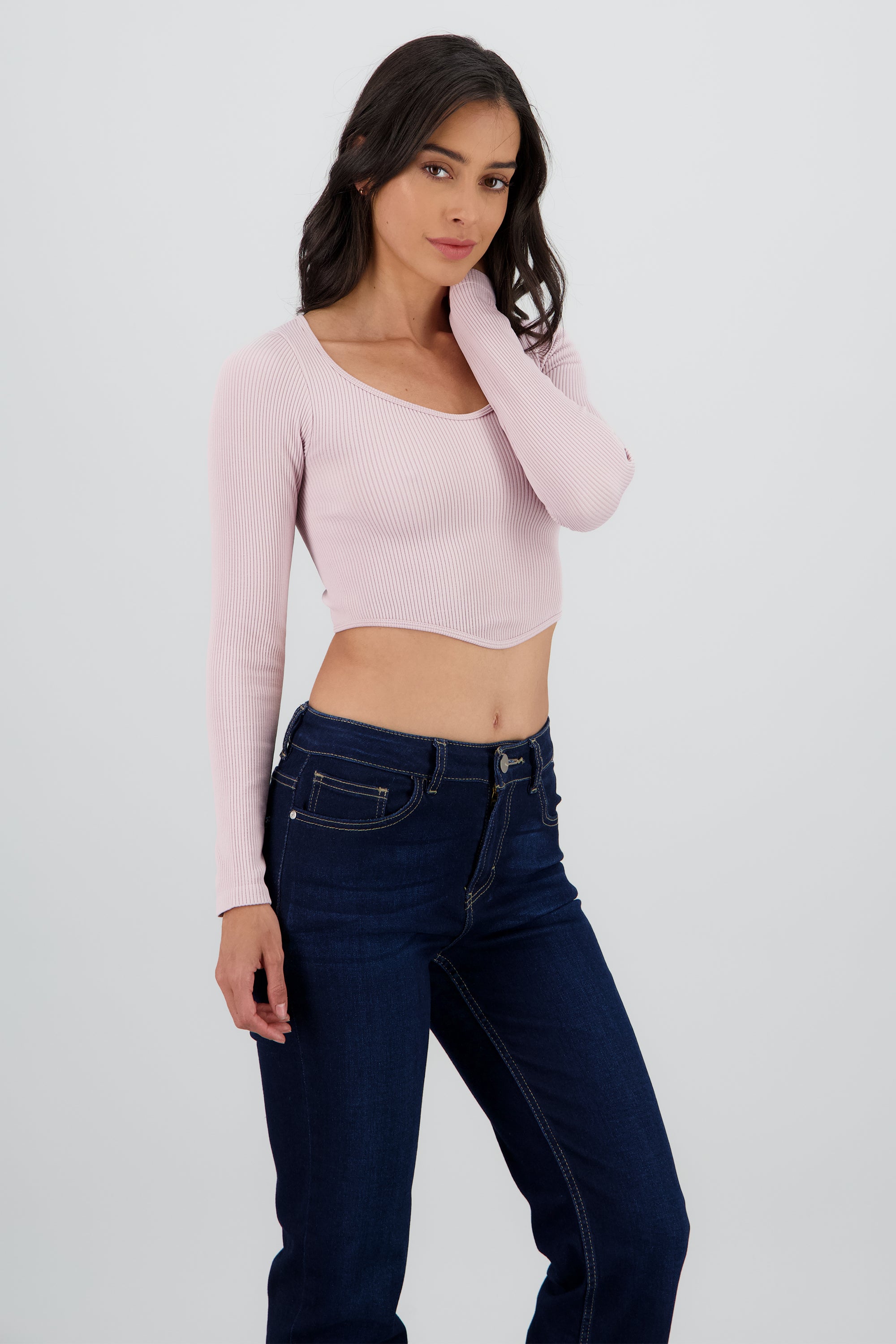 TOP MANGA LARGA CUELLO REDONDO RIB PALO DE ROSA
