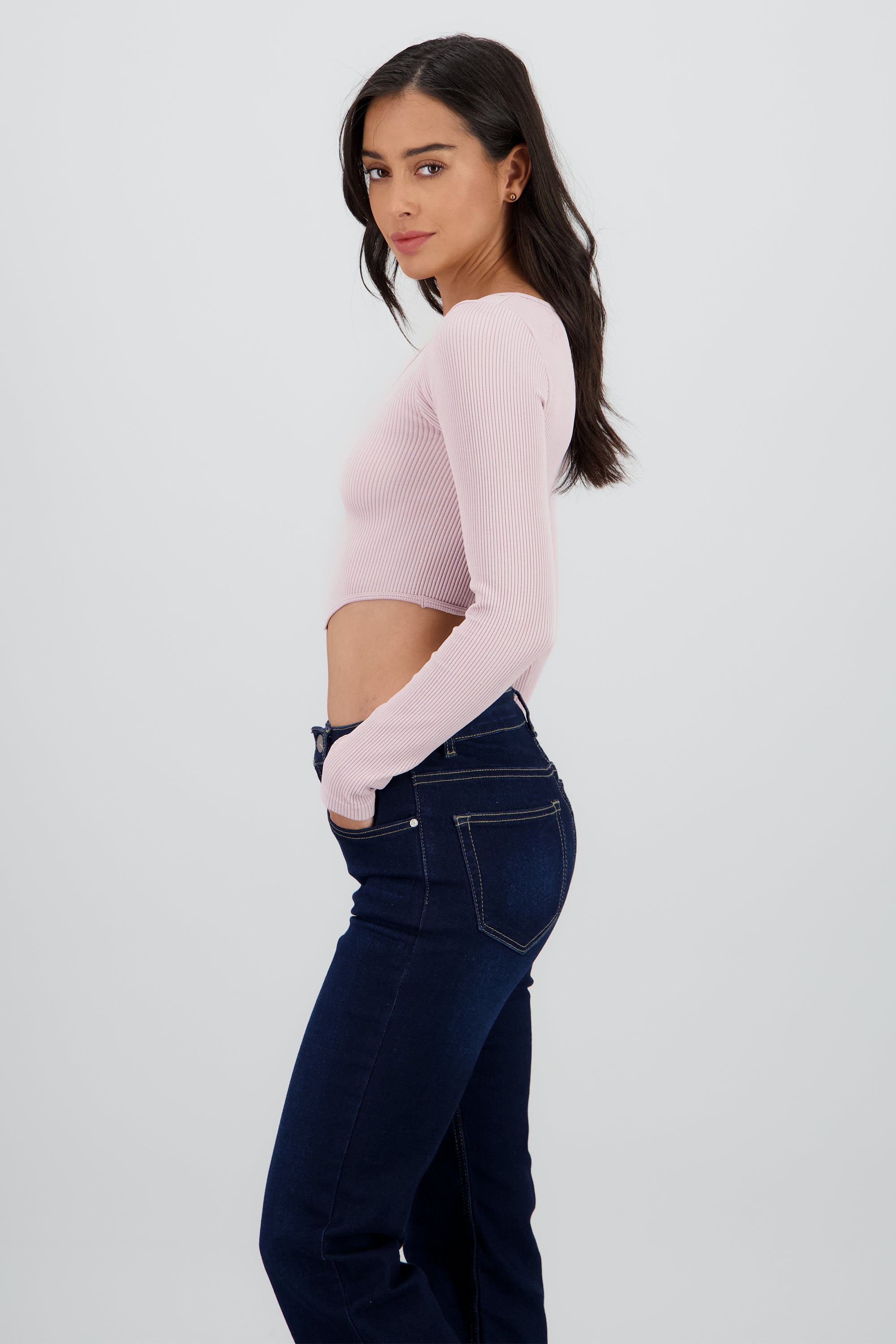 TOP MANGA LARGA CUELLO REDONDO RIB PALO DE ROSA