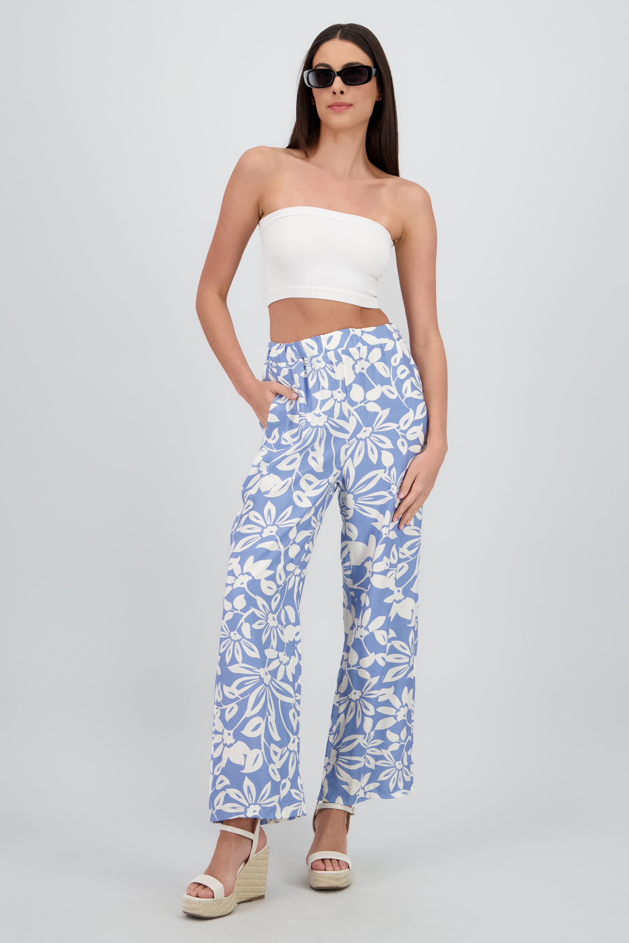 Pantalon wide leg estampado flores AZUL COMBO