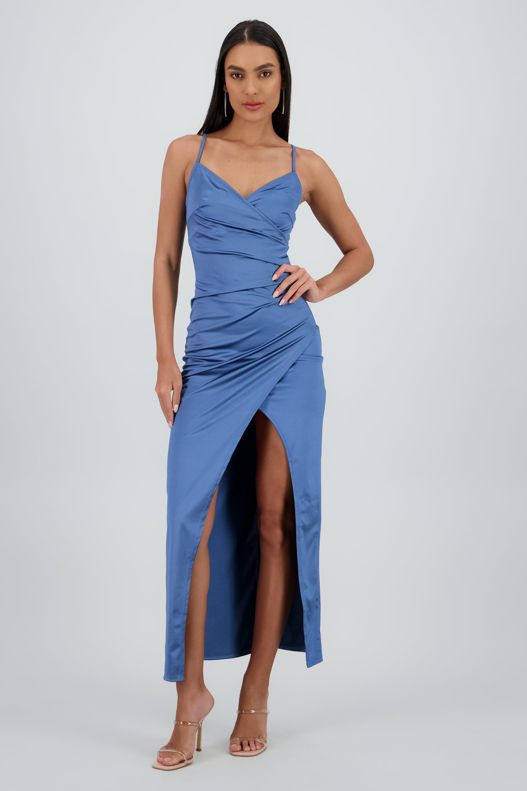 Vestido Maxi Satín Escote Cruzado AZUL BRILLANTE