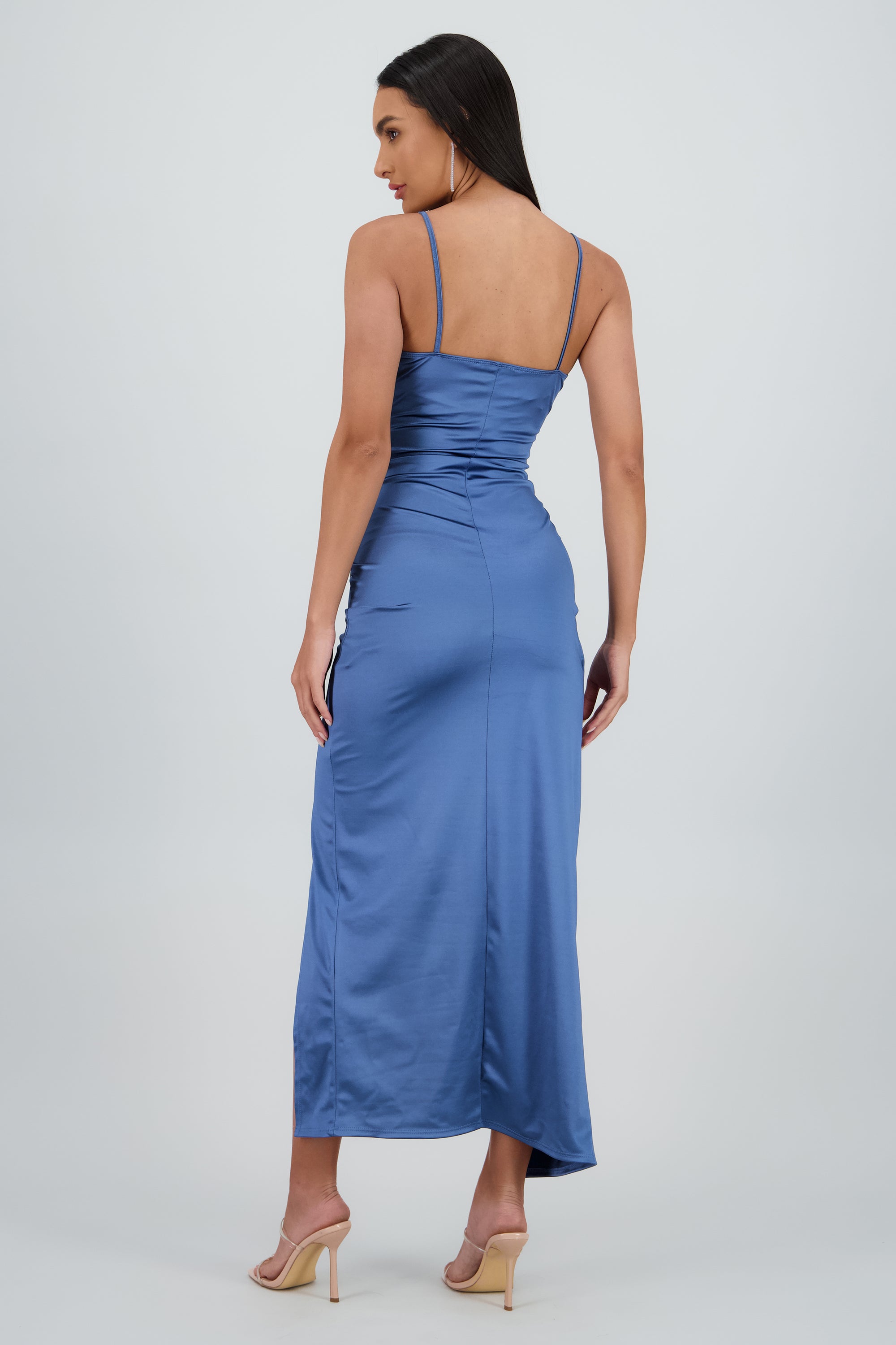 Vestido Maxi Satín Escote Cruzado AZUL BRILLANTE