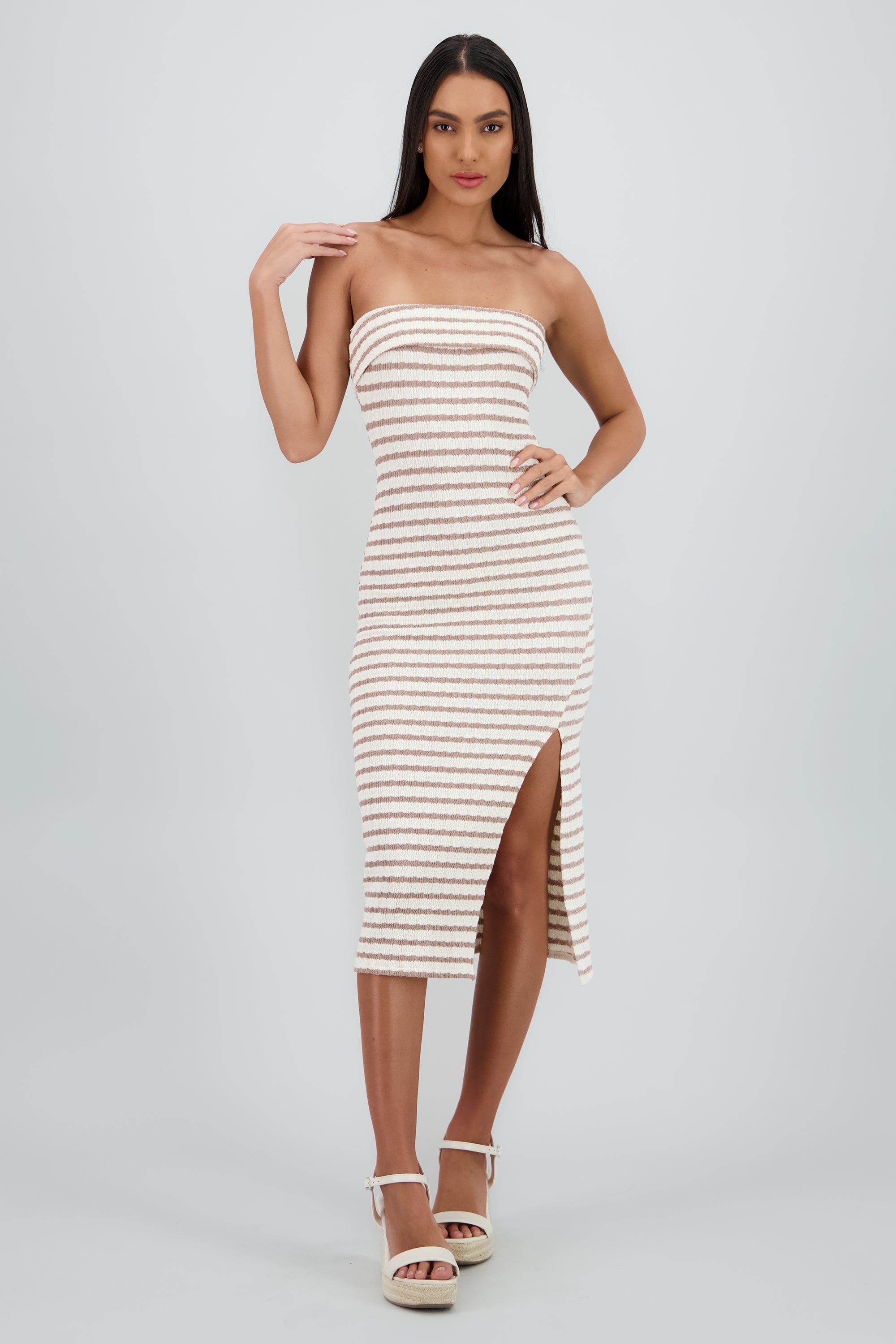 Vestido strapless estampado rayas TAUPE