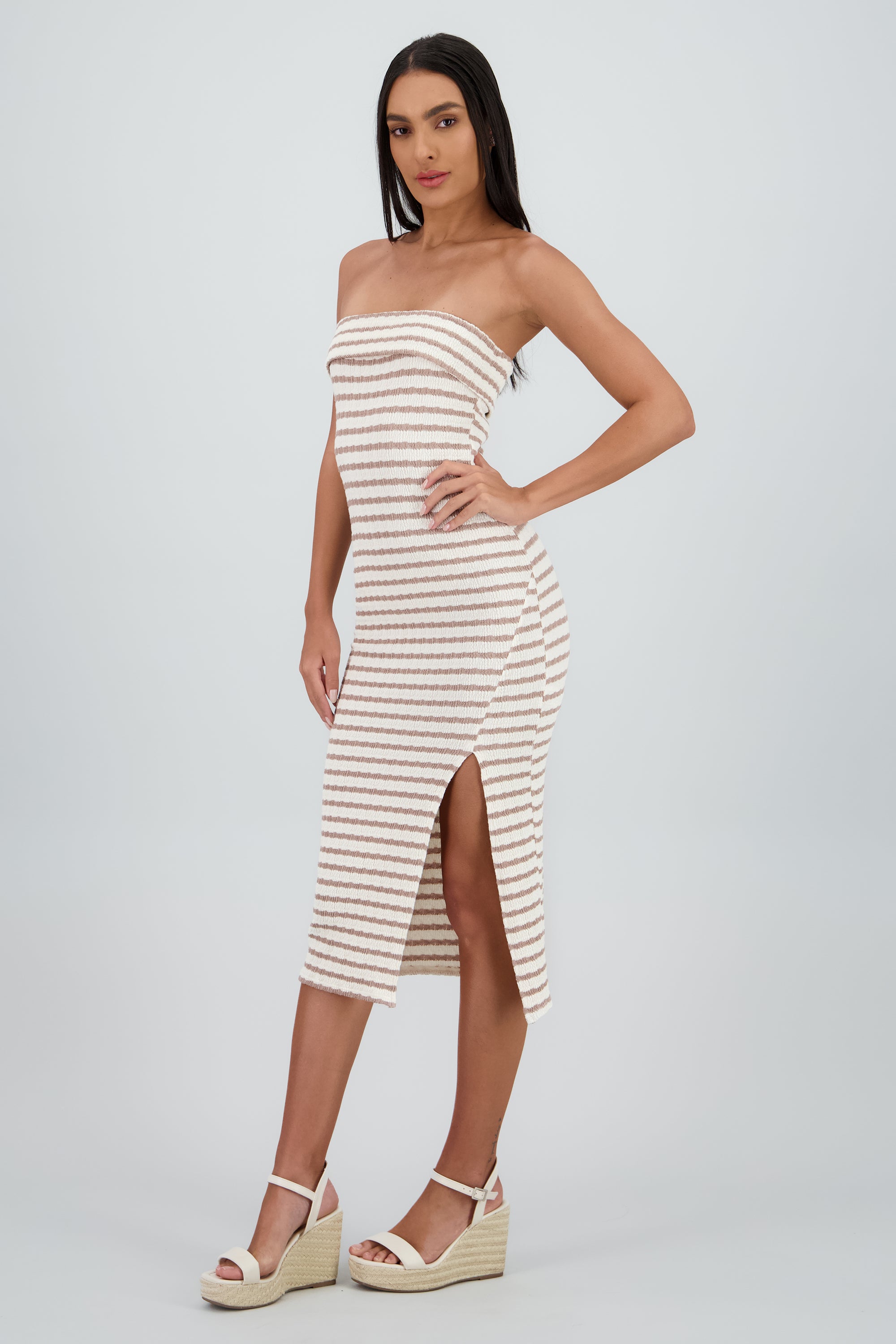Vestido strapless estampado rayas TAUPE
