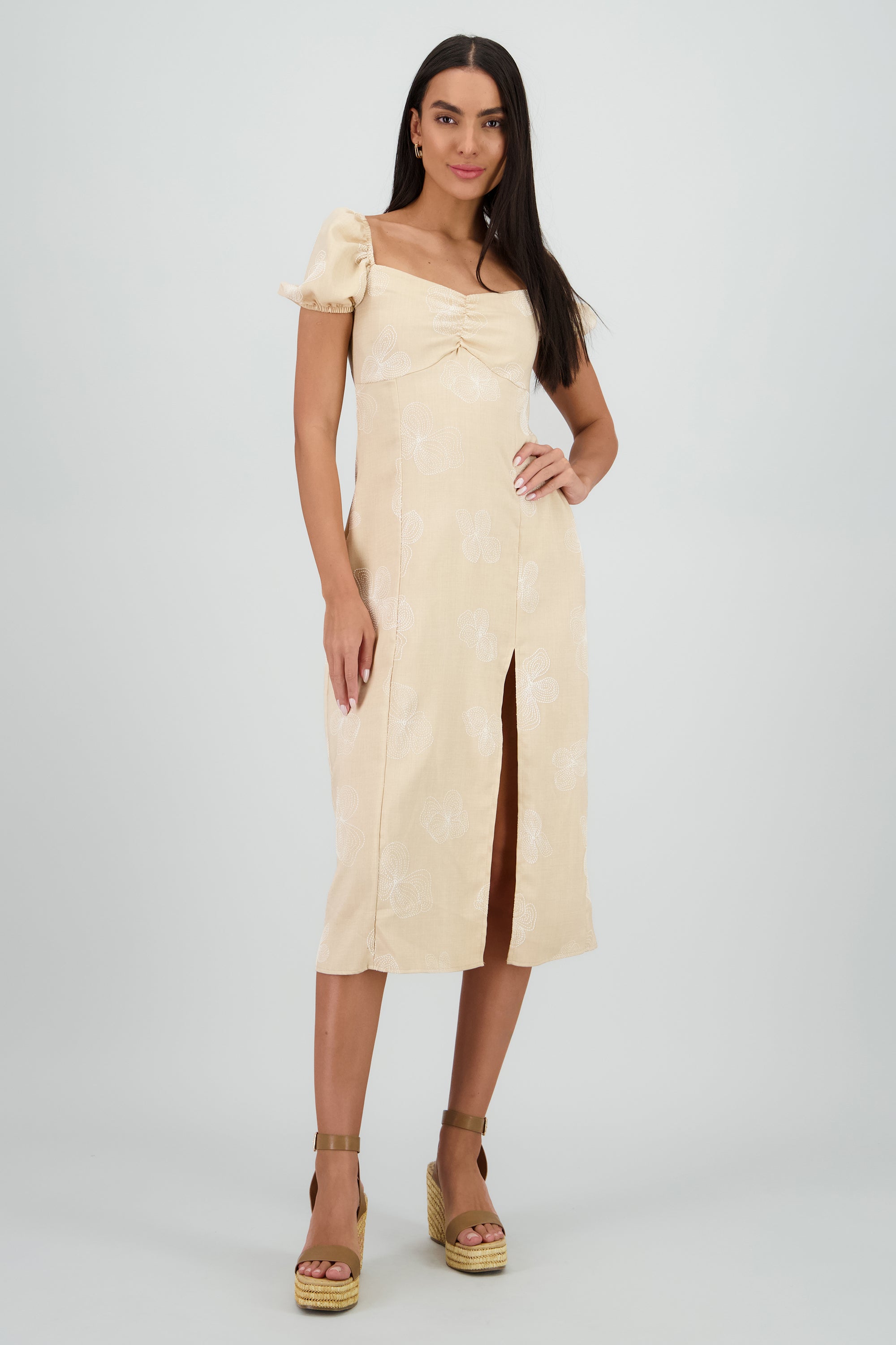 Vestido midi manga abullonada frunces BEIGE