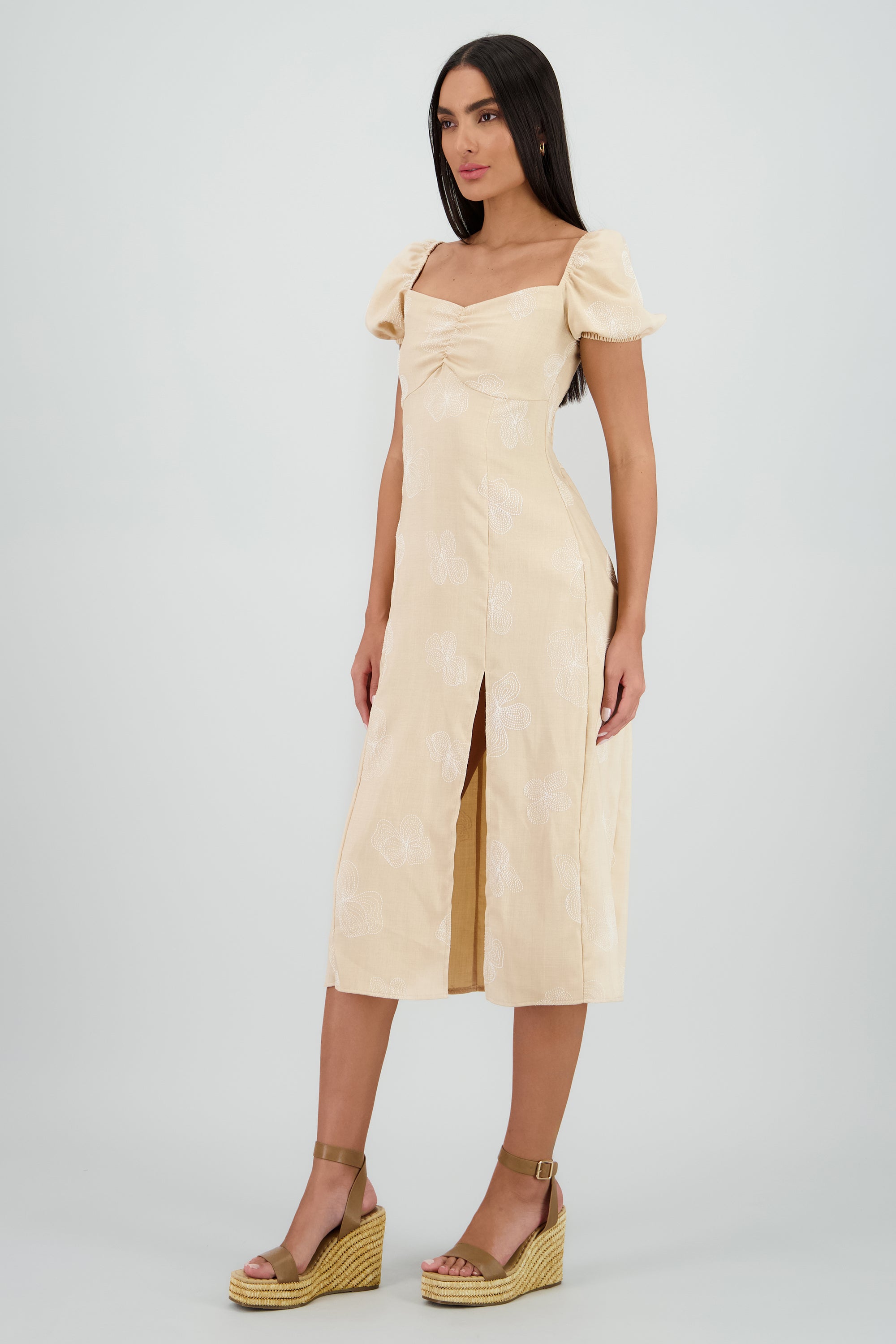 Vestido midi manga abullonada frunces BEIGE