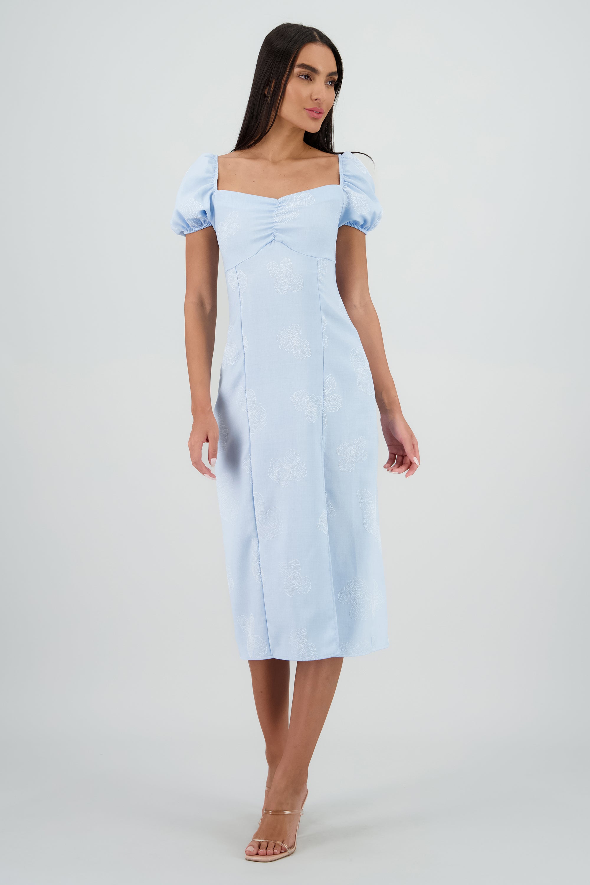 Vestido midi manga abullonada frunces AZUL PASTEL