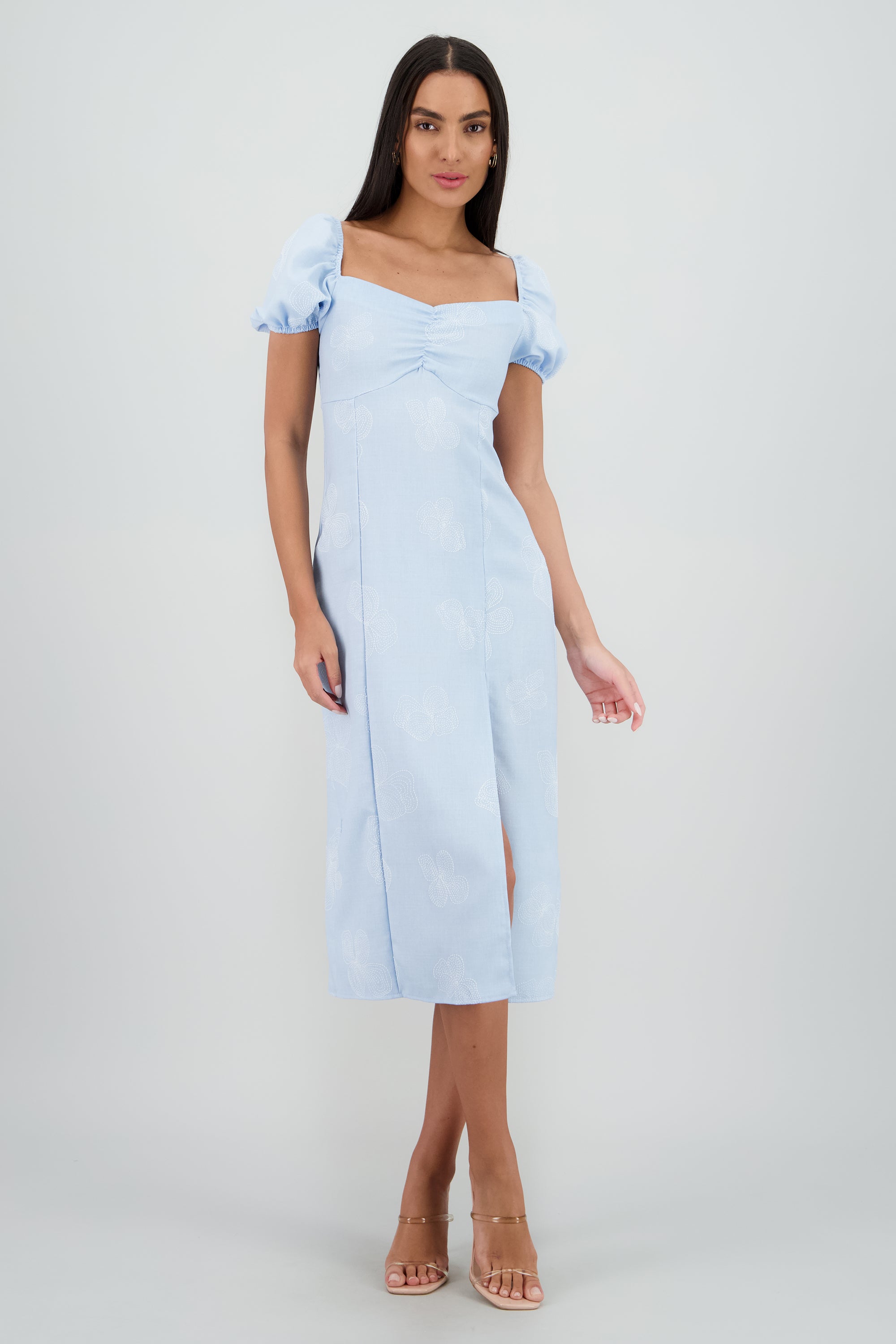 Vestido midi manga abullonada frunces AZUL PASTEL