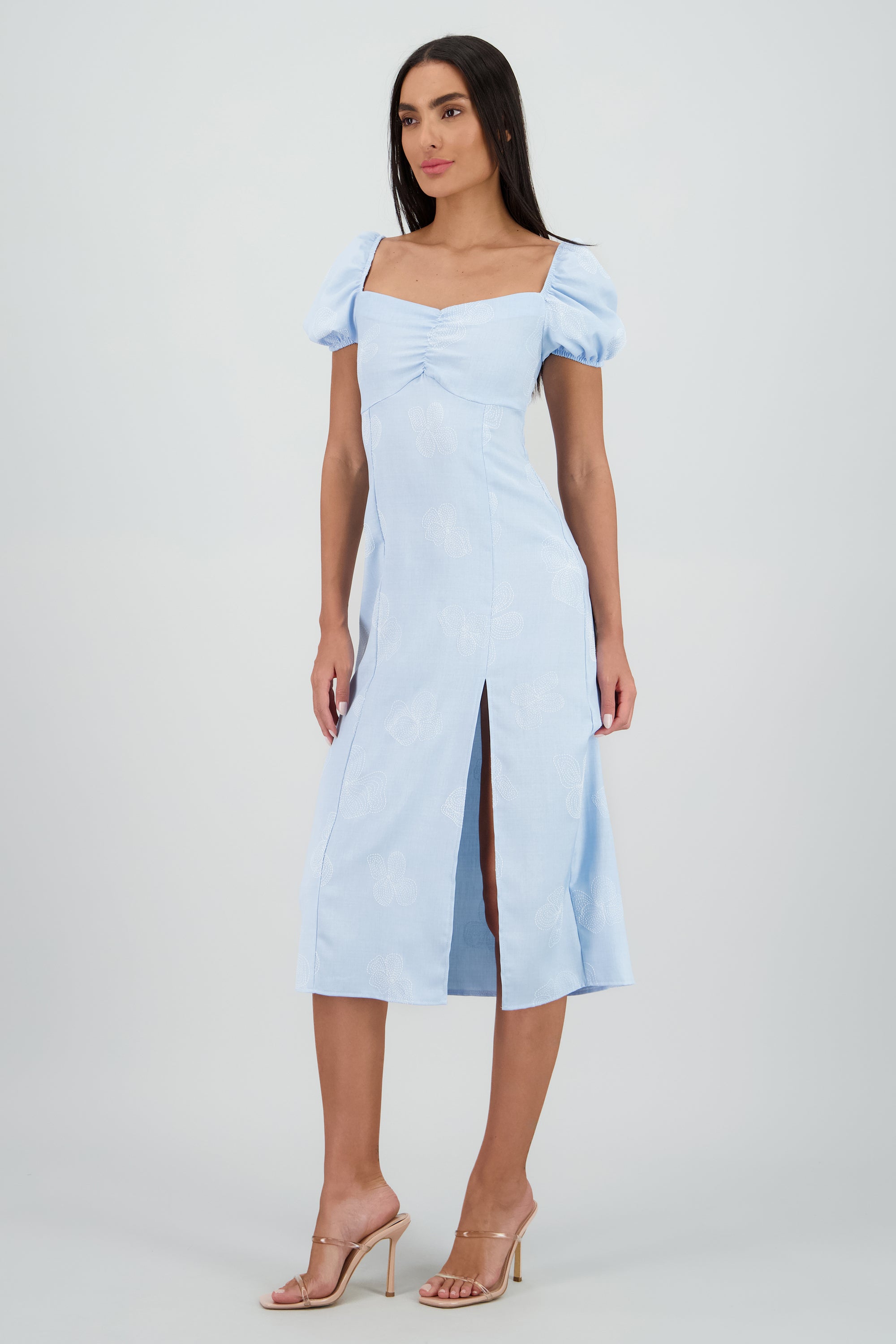 Vestido midi manga abullonada frunces AZUL PASTEL