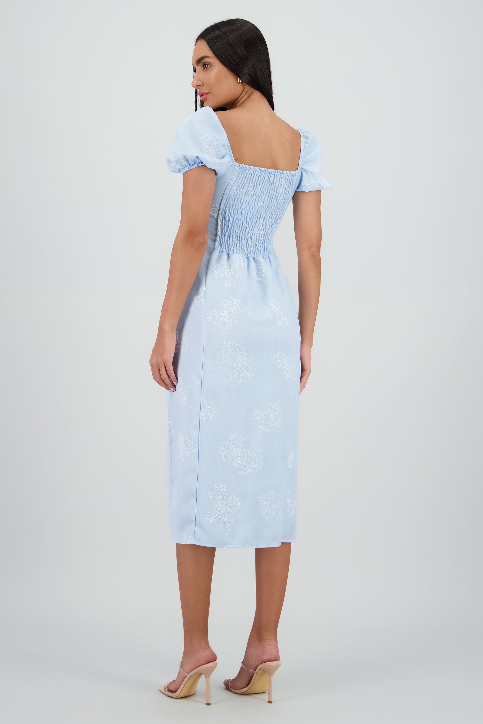 Vestido midi manga abullonada frunces AZUL PASTEL