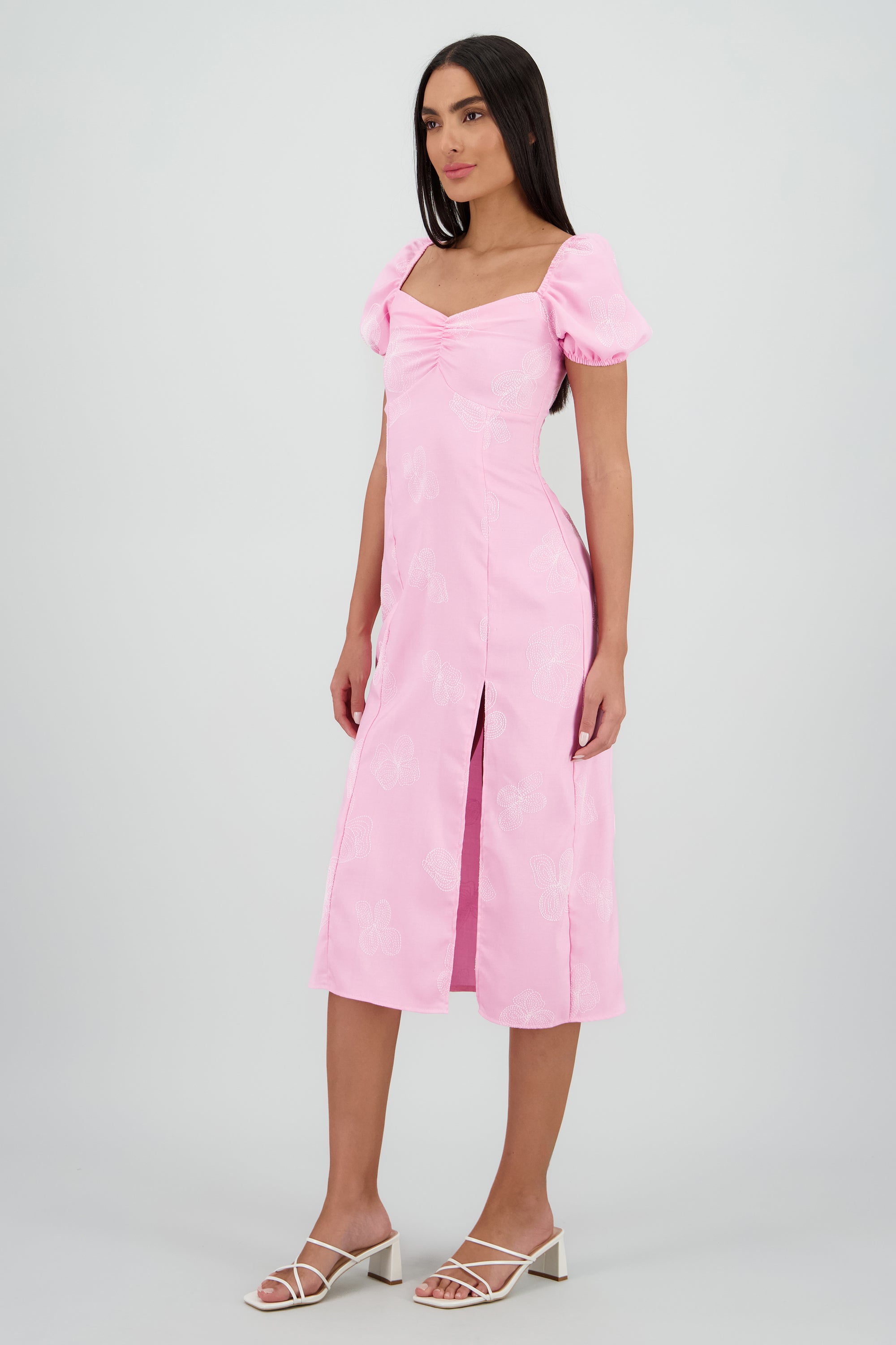 Vestido midi manga abullonada frunces ROSA PASTEL