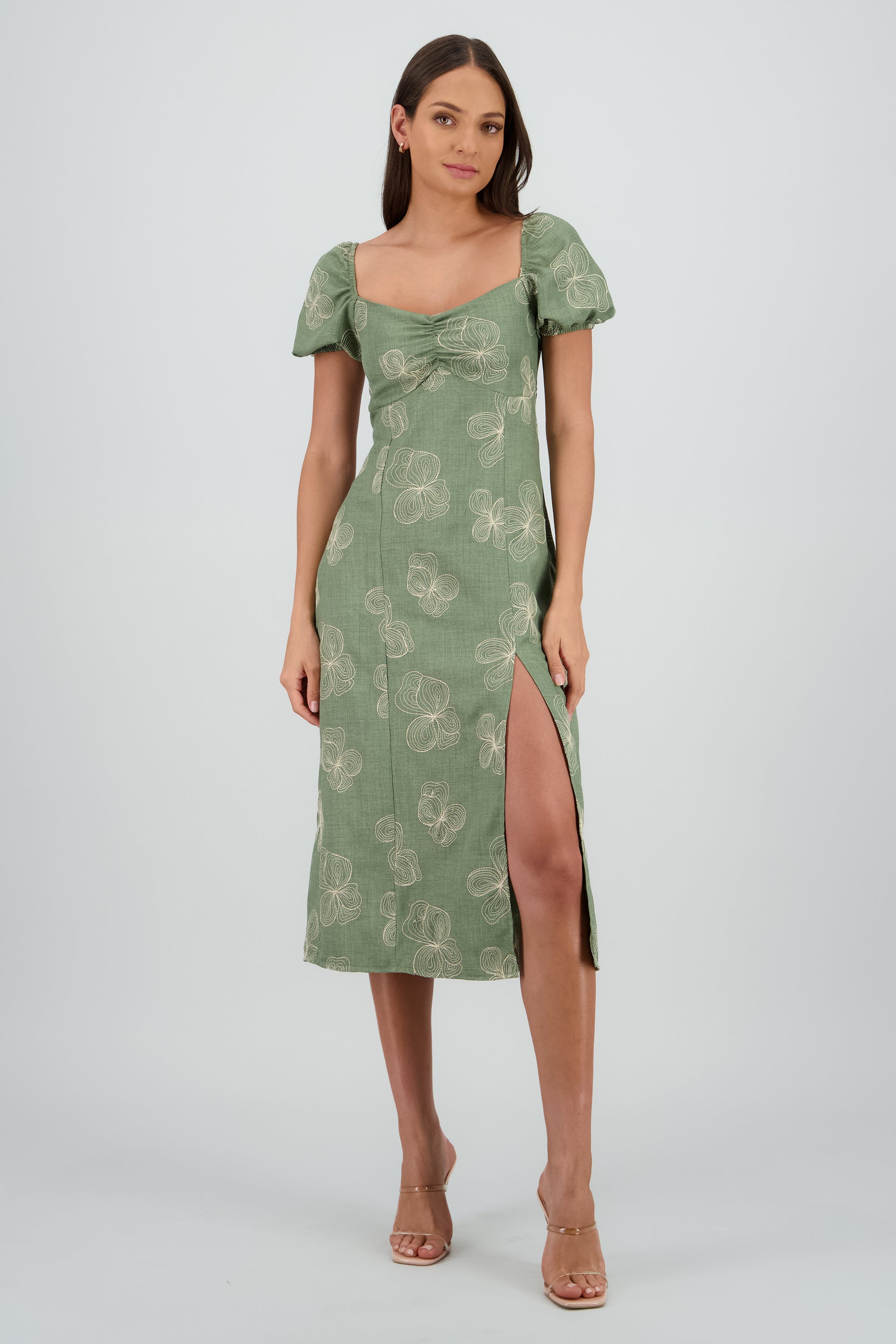 Vestido midi manga abullonada frunces OLIVO