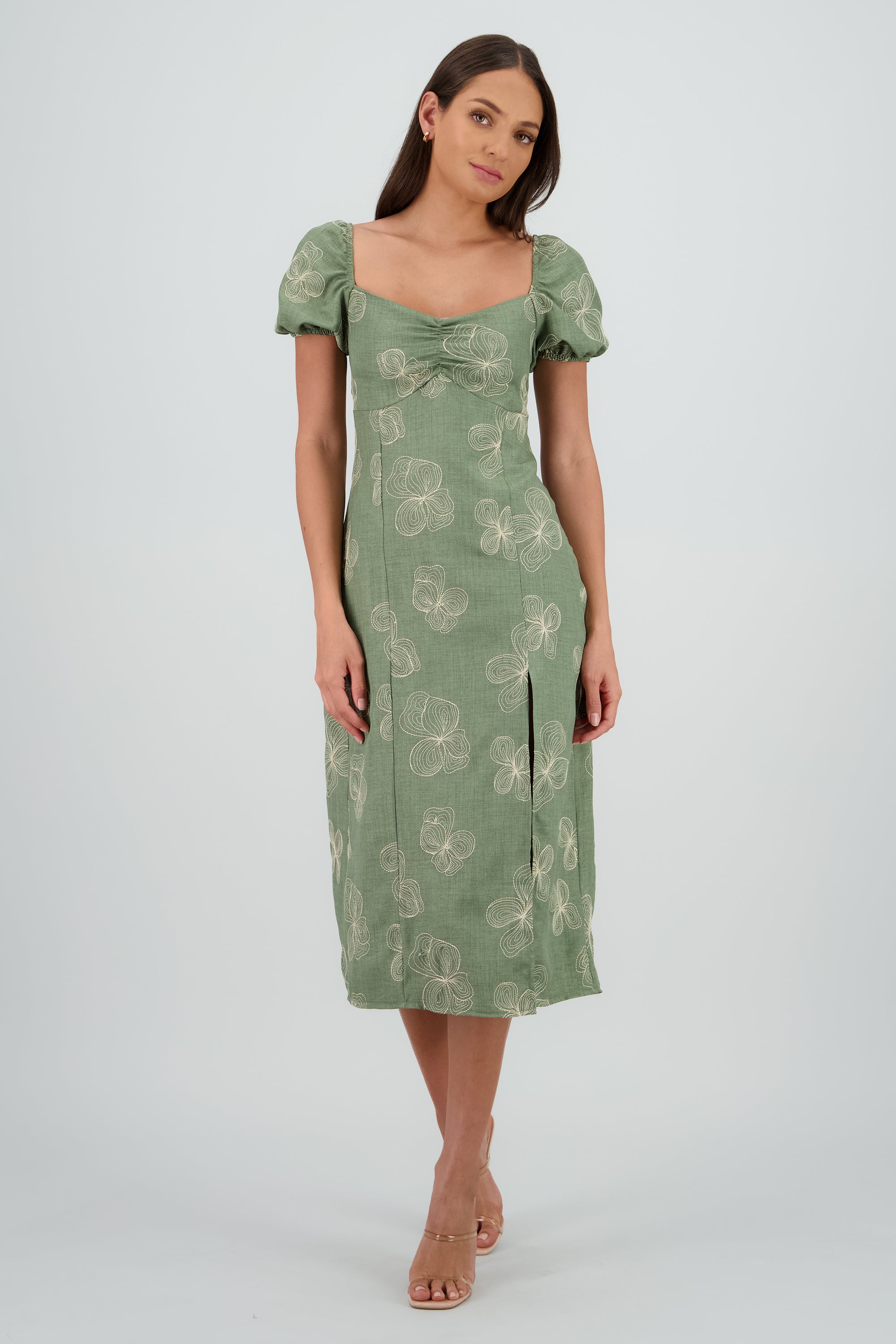 Vestido midi manga abullonada frunces OLIVO