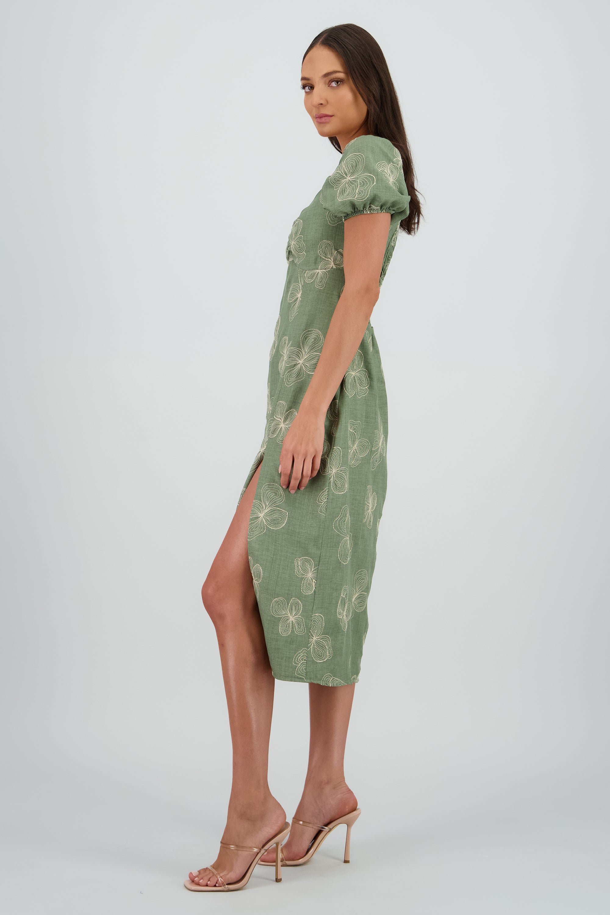 Vestido midi manga abullonada frunces OLIVO