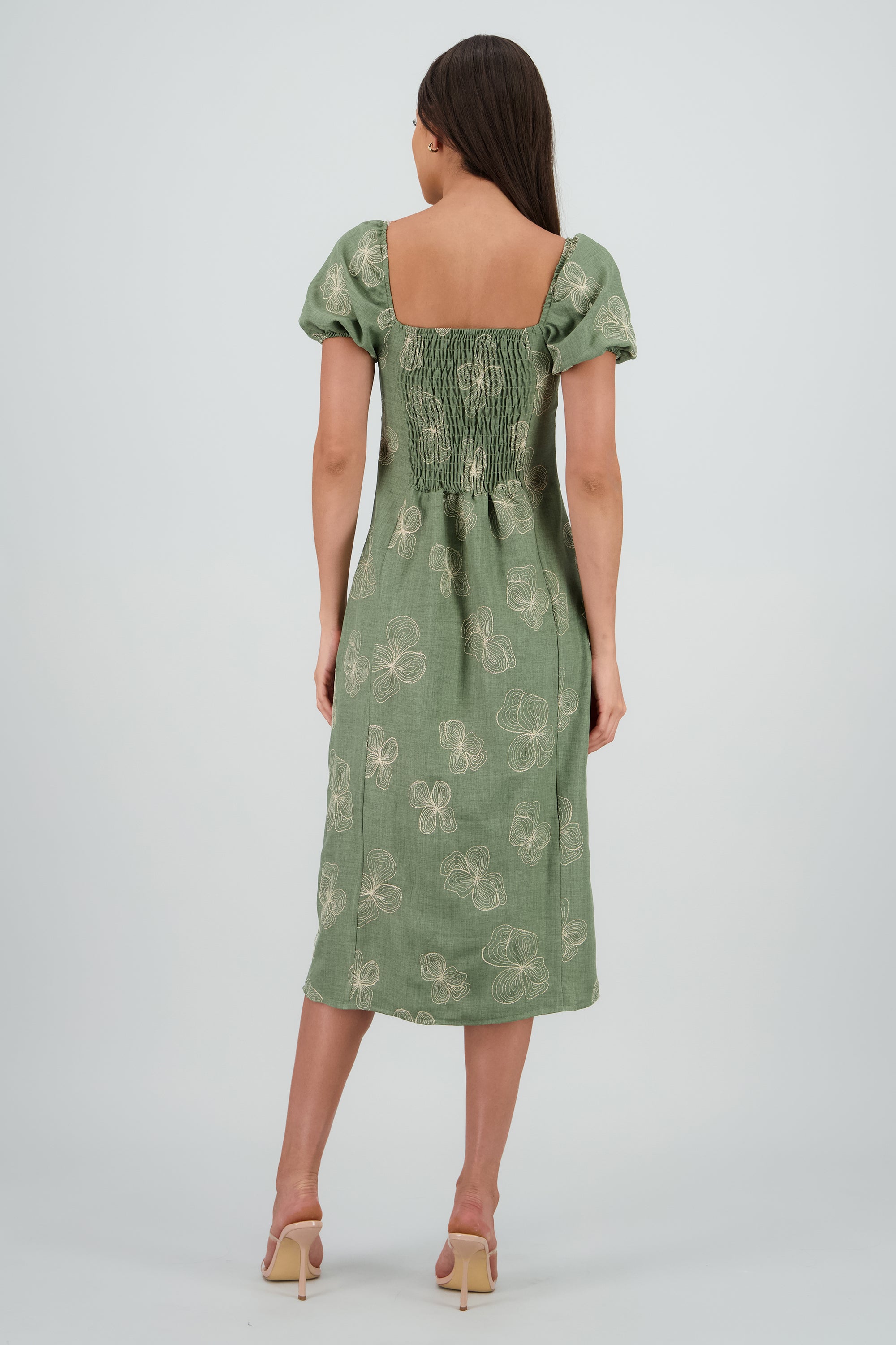Vestido midi manga abullonada frunces OLIVO