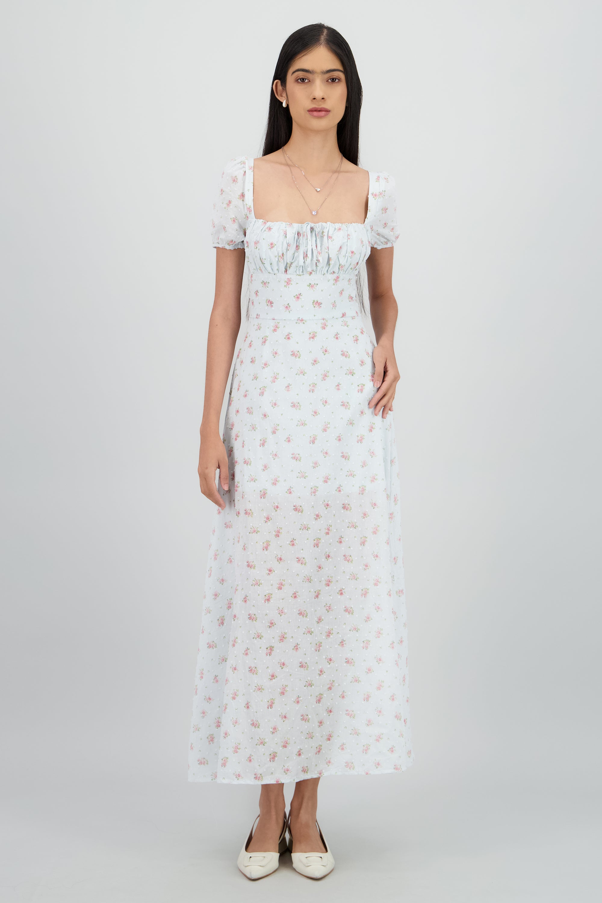 Vestido midi mini flores textura AZUL COMBO